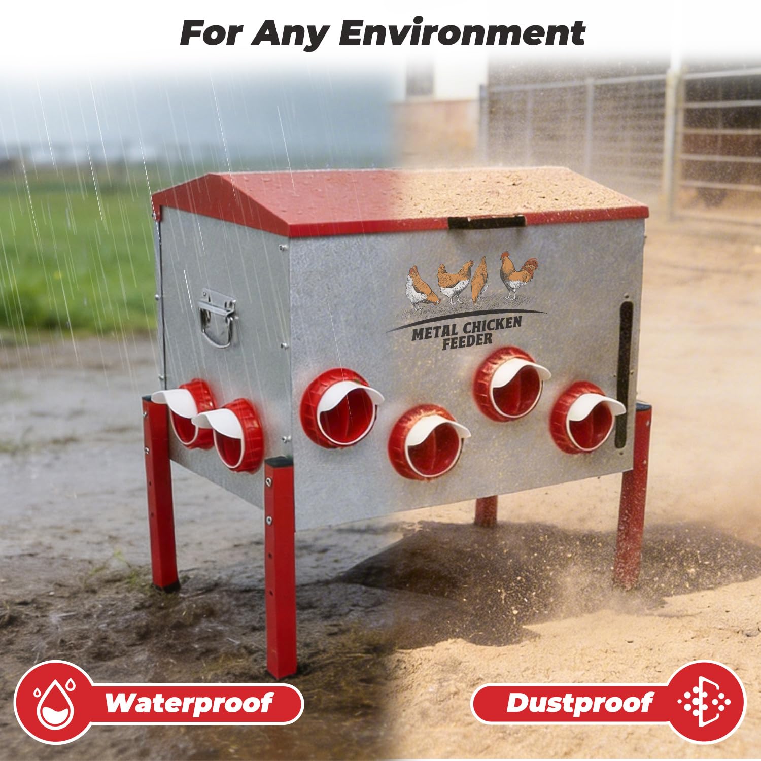 Comedero automático para pollos de 100 libras, gran capacidad, 12 puertos antiresiduos, comedero de metal para aves de corral con soporte de altura ajustable, caja de alimentación impermeable a prueba