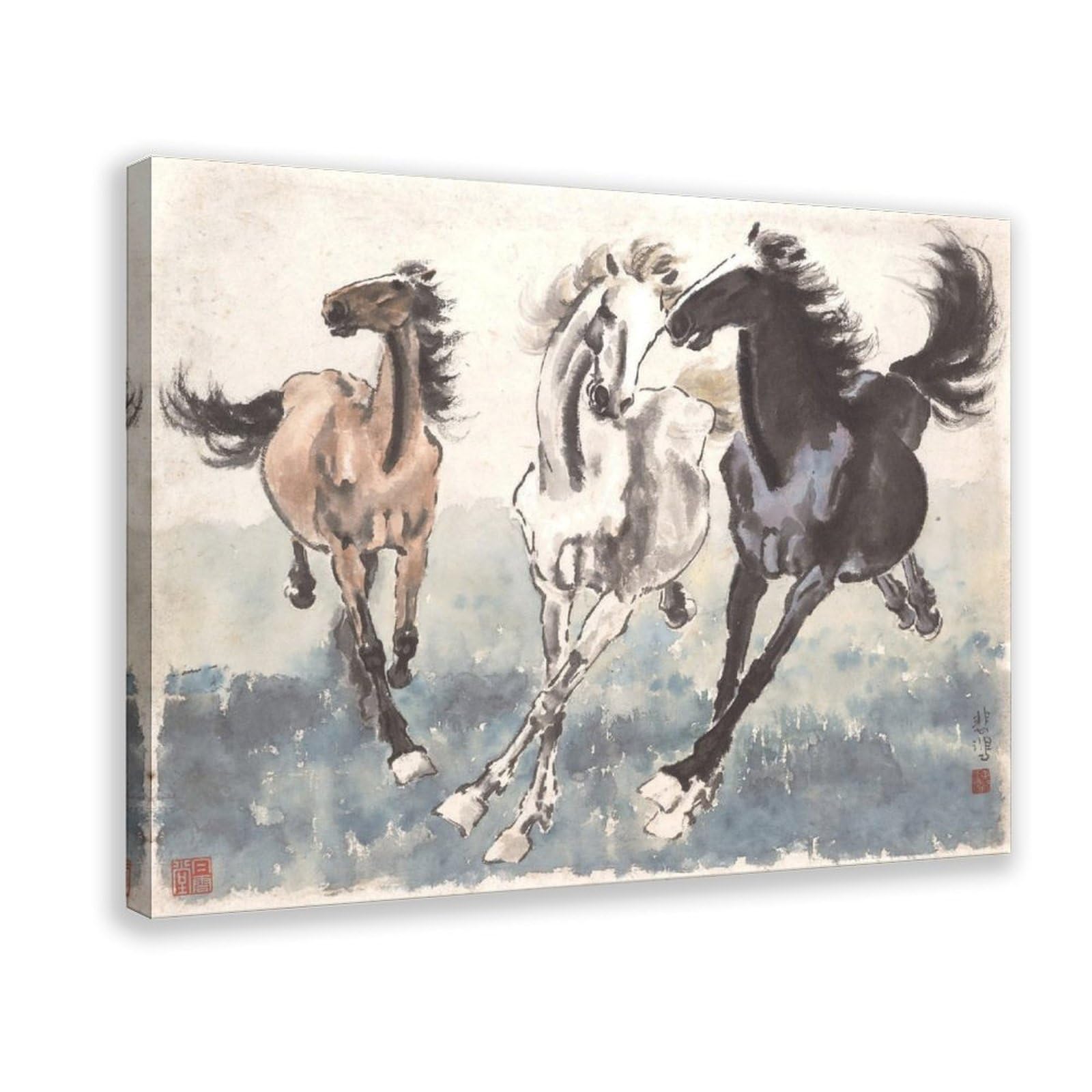 WCYB Three Galloping Horses by Xu Beihong Prints Posters Canvas Deco Paintings Wall Art For Office Hangable Frame 24" L X 36" W