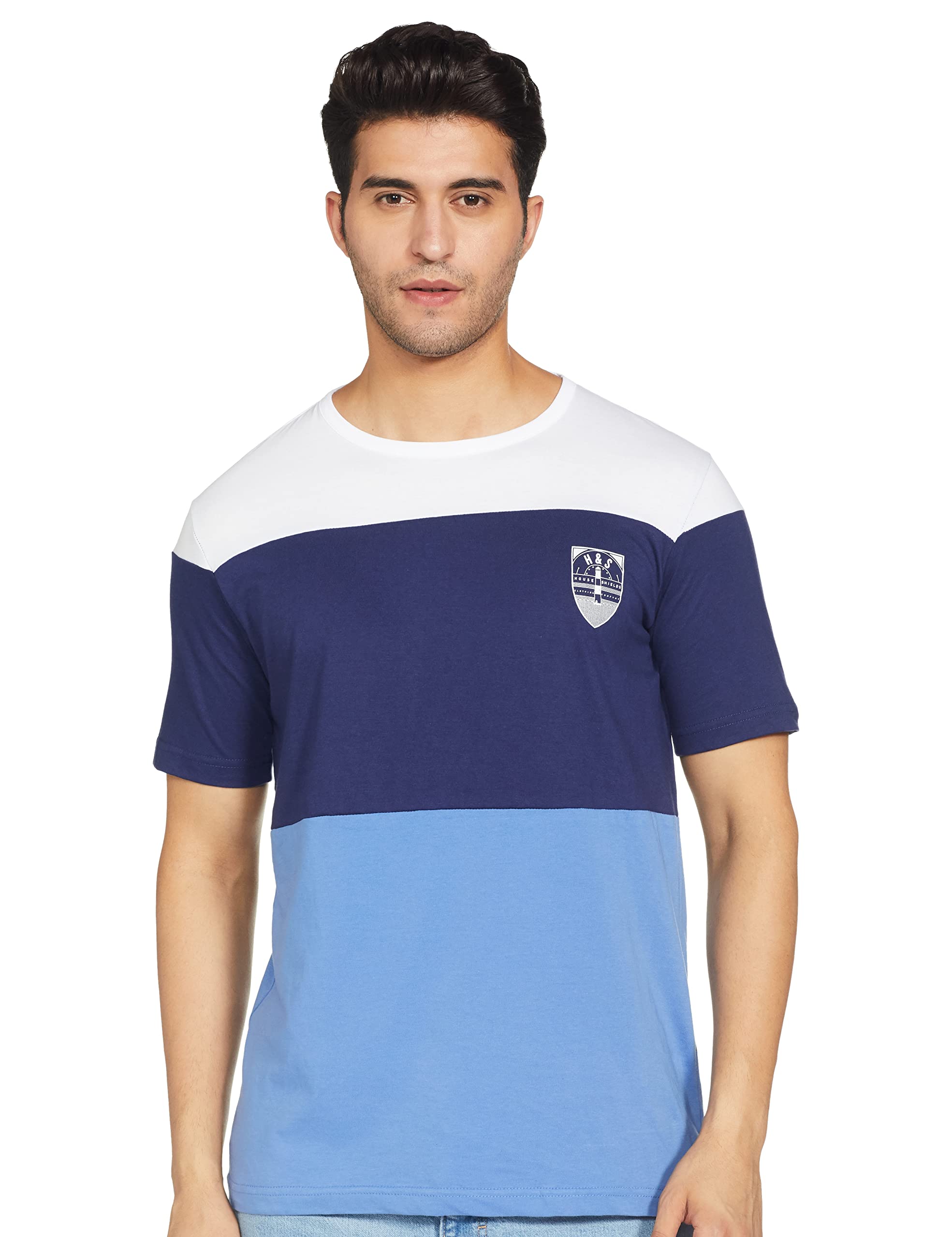 Amazon Brand - House & ShieldsMen's Regular T-Shirt (H&S-T-PAG369-D1-A_Bright White&Medieval Blue M)
