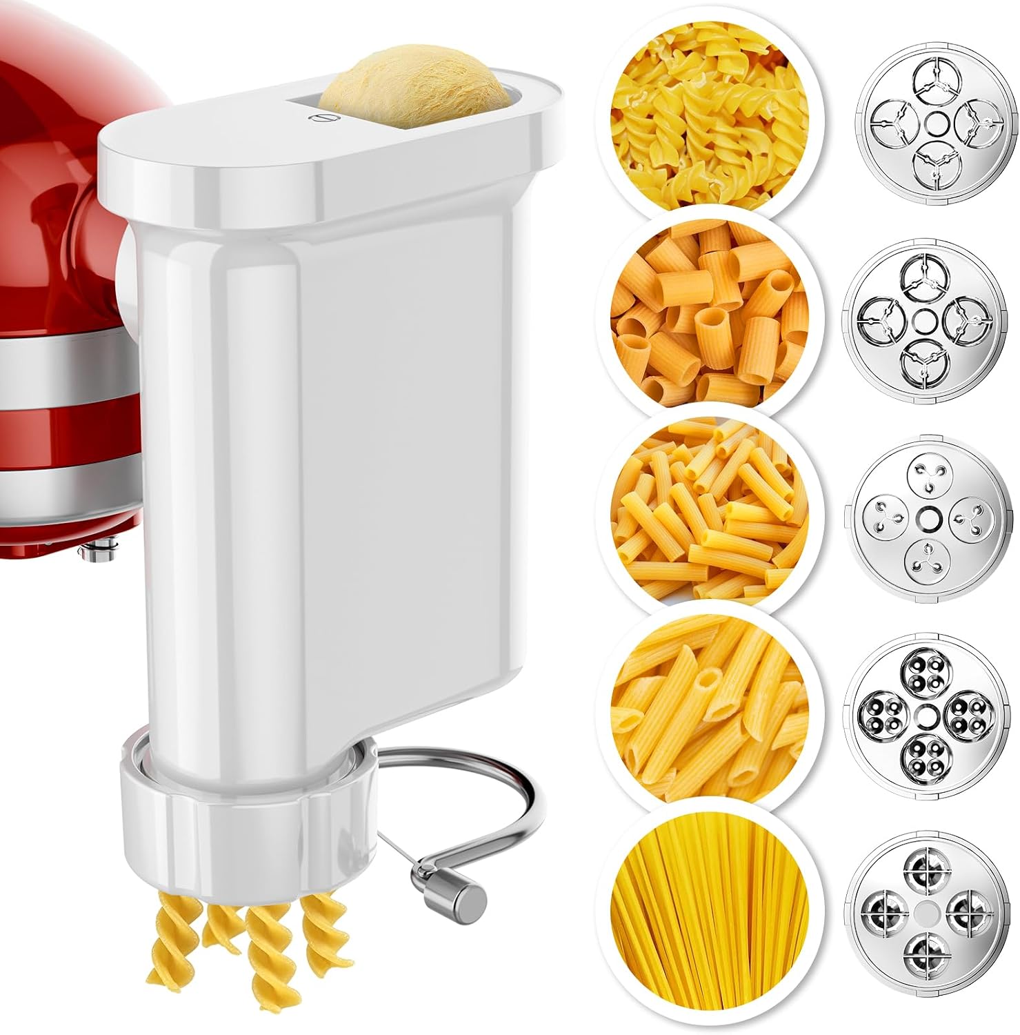 5-in-1 Pasta Press Attachment Compatible with All KitchenAid Stand Mixers, Pasta Maker Accessory with 5 Interchangeable Pasta Plates for Spaghetti, Bucatini, Fusilli, Large & Small Macaroni
