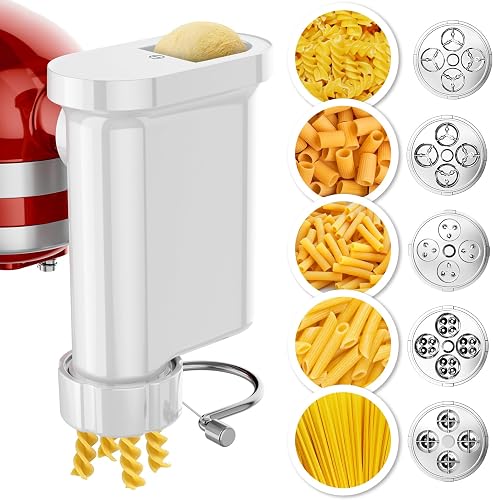 5-in-1 Pasta Press Attachment Compatible with All KitchenAid Stand Mixers, Pasta Maker Accessory with 5 Interchangeable Pasta Plates for Spaghetti, Bucatini, Fusilli, Large & Small Macaroni