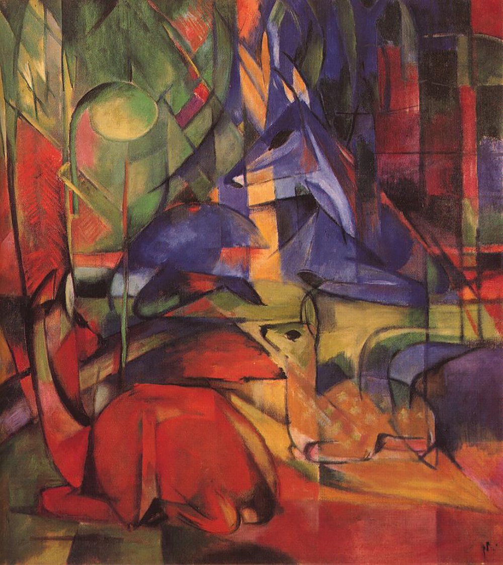 Tableau Cerf dans la Forêt de Franz Marc avec Grand Cadre Noir en Mat