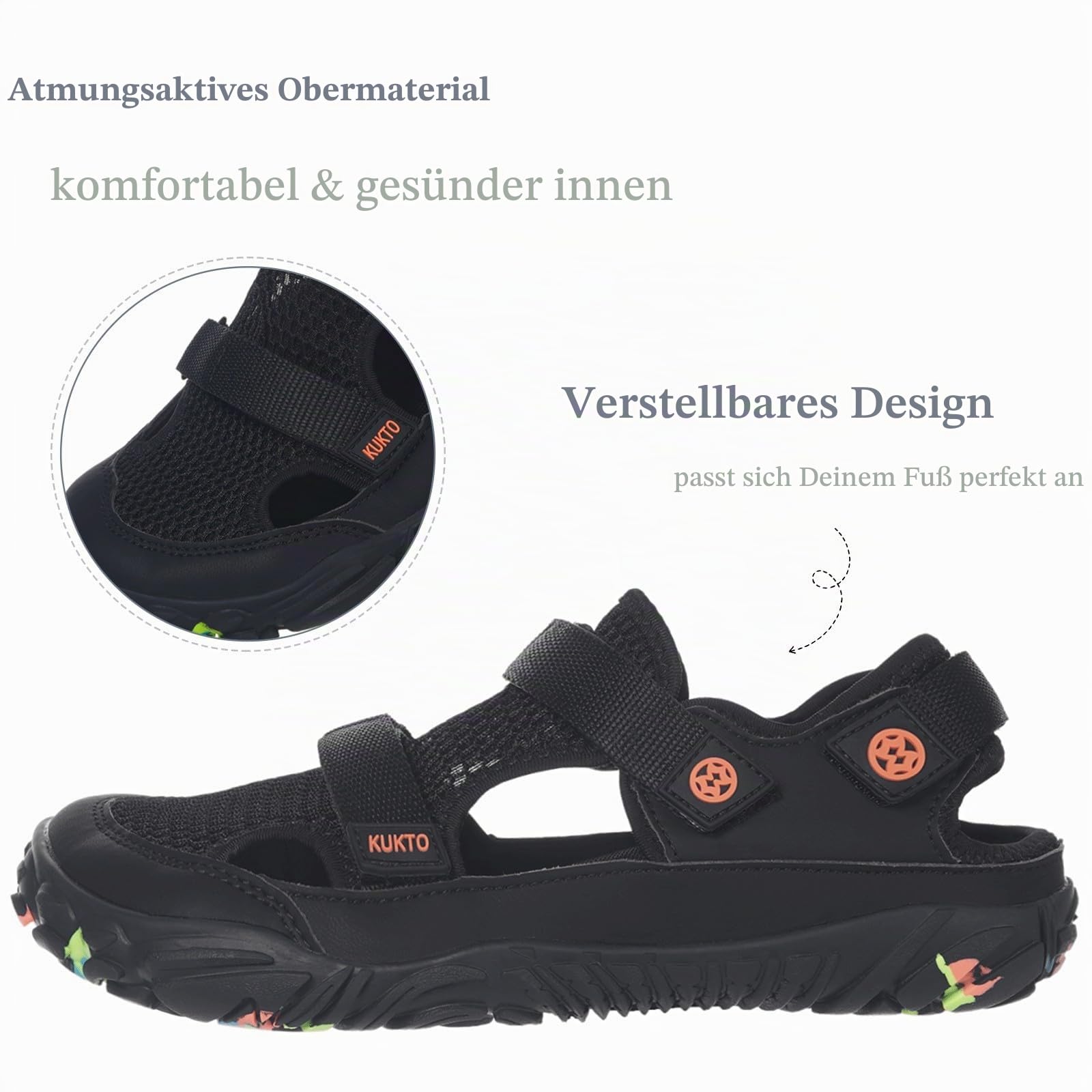 Hsyooes Barfußschuhe Herren Sportsandalen Damen Aquaschuhe Verstellbare Strandschuhe Weit Wandersandalen Schnell Trocknend Surfschuhe Sommer Schwarz EU44