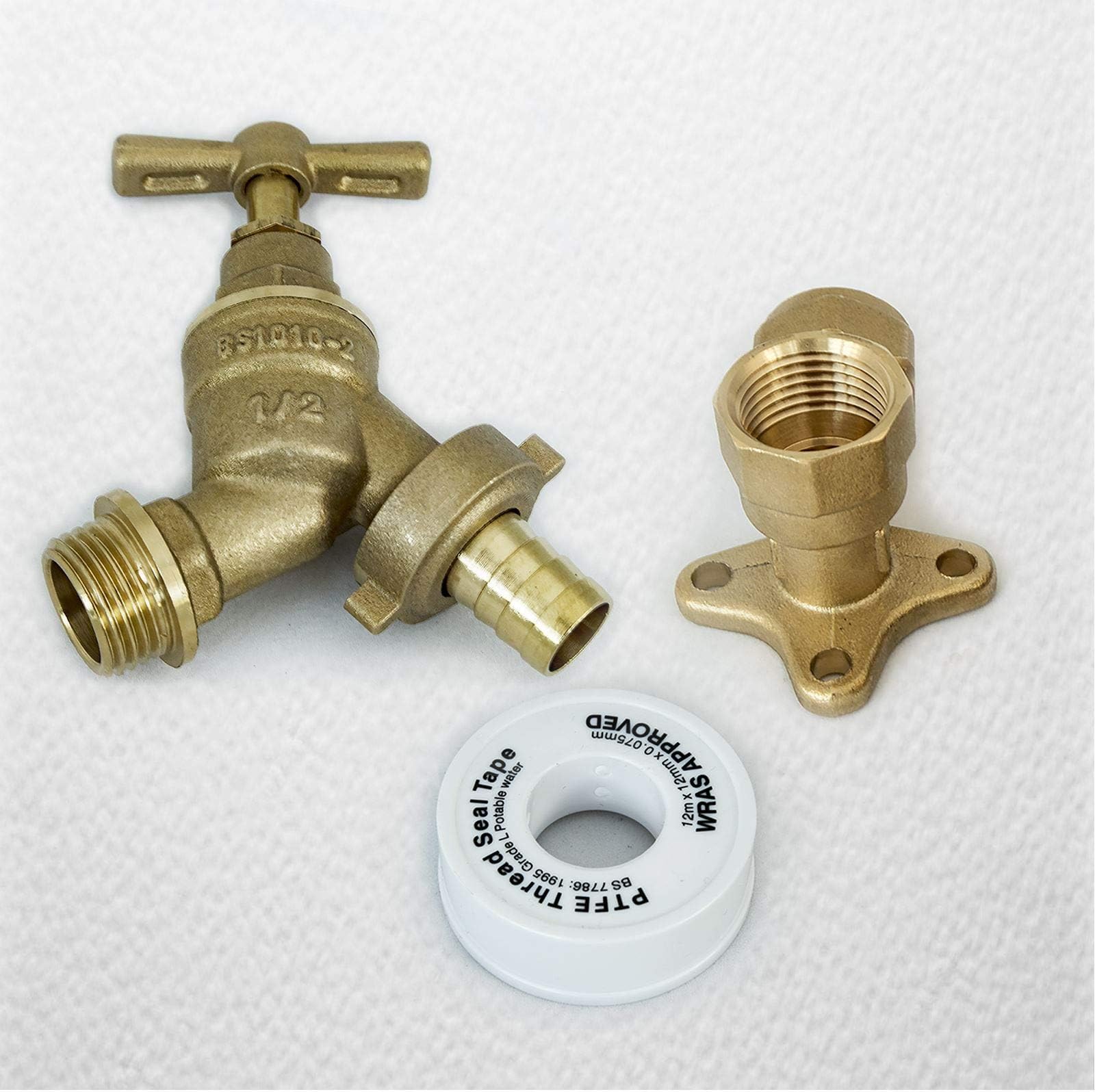 Outside Garden Hose Union Brass Bibtap Tap with 15mm Wingback Elbow & PTFE Tape [1379]