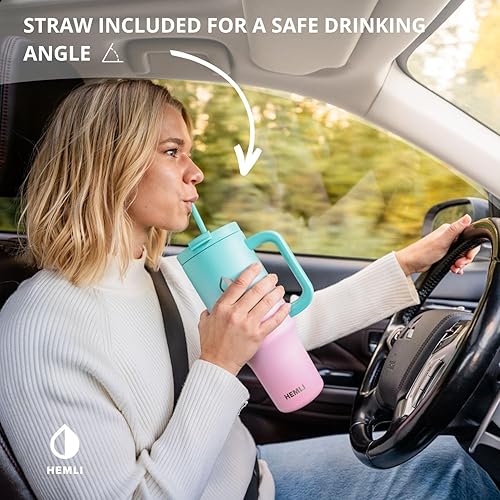 Miniatura 7 de Vaso de 40 onzas con asa y popote, vaso aislado con tapa 2 en 1 y popote a prueba de fugas, reutilizable y portátil, taza de viaje de acero