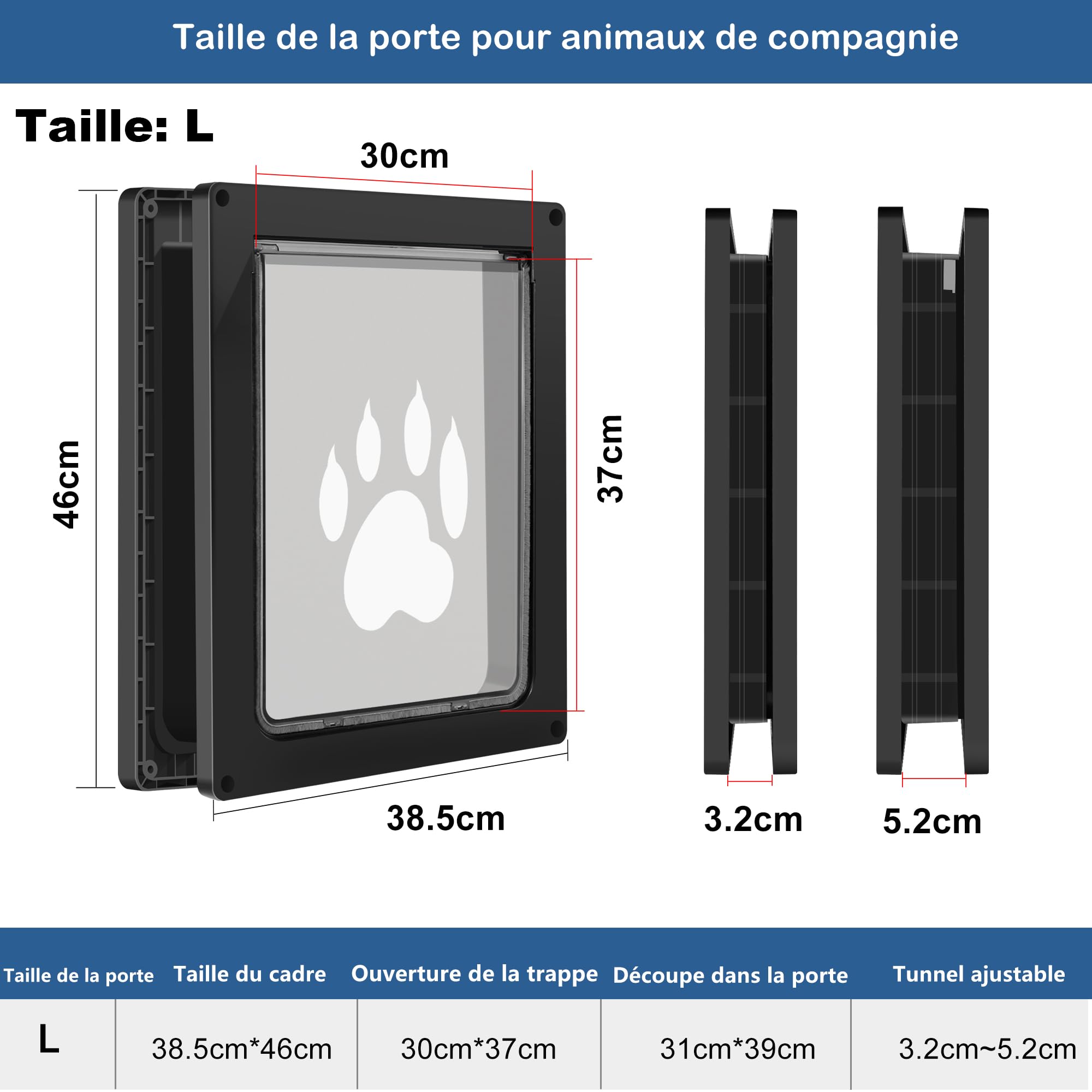 CEESC Clapet pour chiens de grande taille, résistant aux intempéries, pour chats et chiens jusqu'à 45 kg, durable, plaque de fermeture Snap-In incluse, convient pour les portes intérieures et