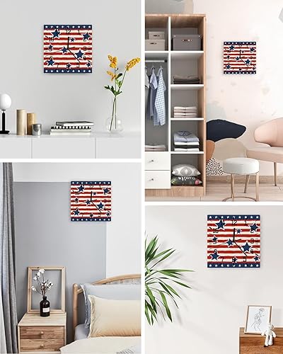 Miniatura 4 de 4th of July Wooden Wall Clock Silent Non Ticking, Red Striped Blue Star Lace Independence Day Square Wall Clock Battery Operated, Decor Clock for