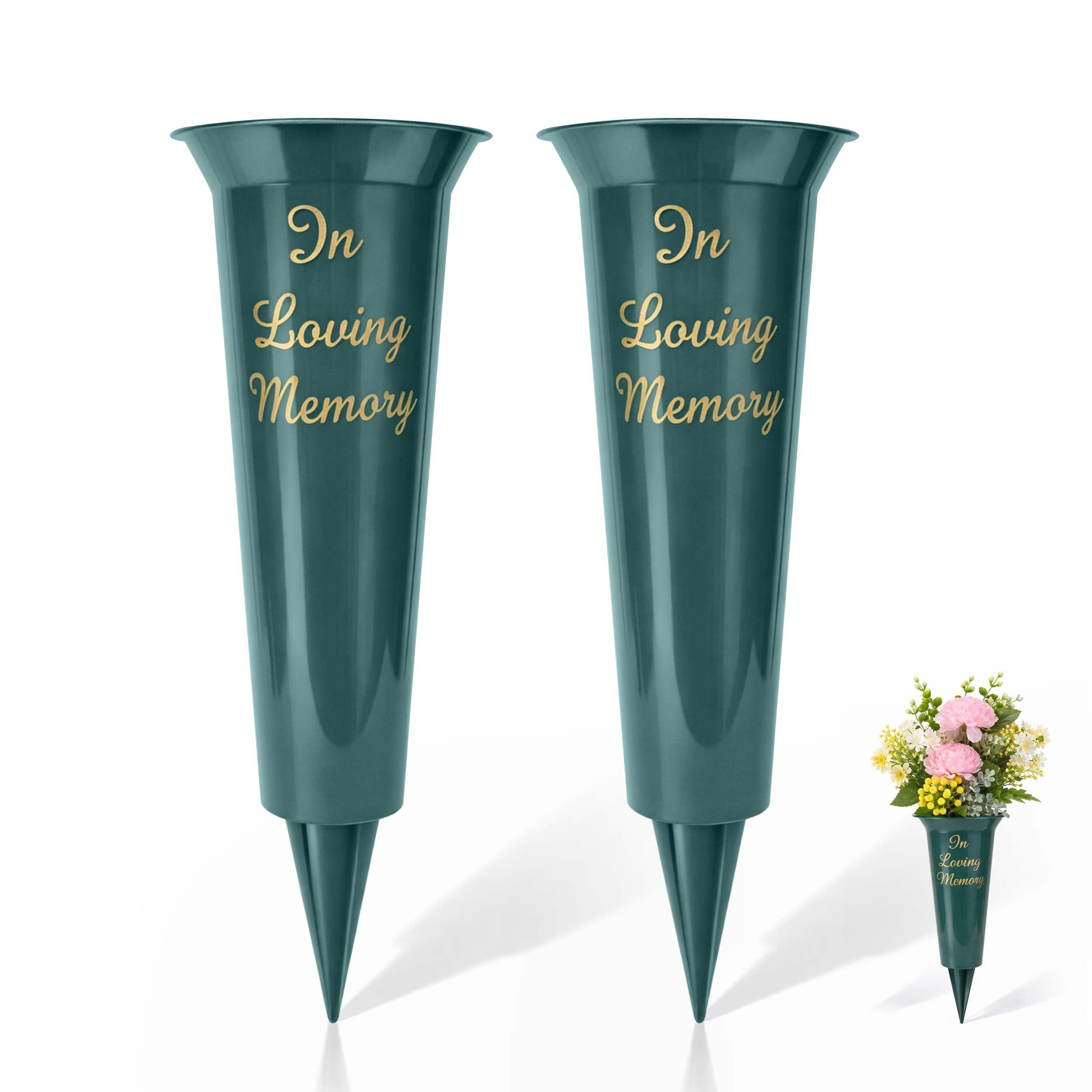Set of 2 Grave Vases with Spike – Memorial Flower Pots for Graves, Plastic Cemetery Flower Holders, Large Vase for Graveside Flowers, Memorial Vases for Graves (Ilm Green)