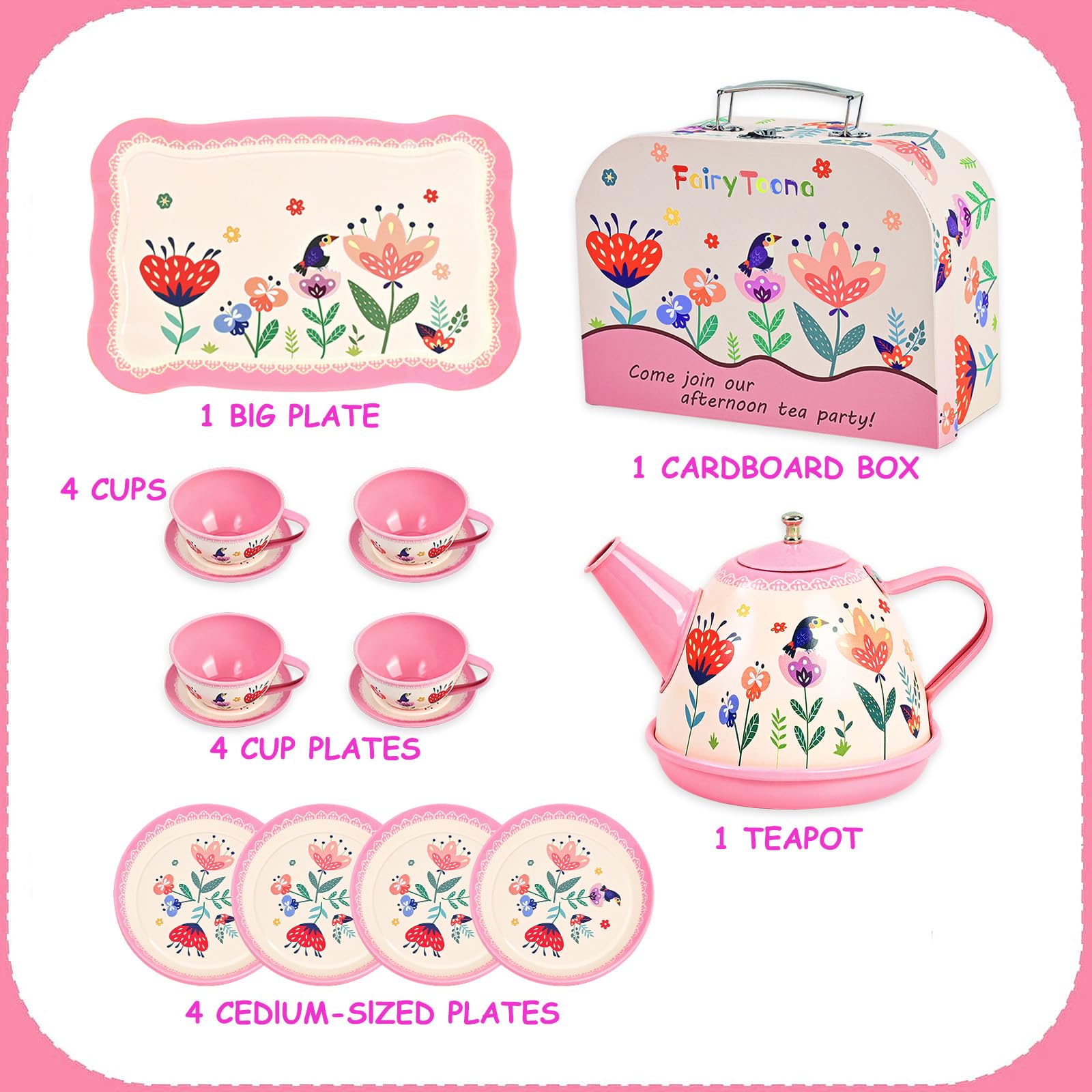 Fairy Toona Floral Tea Party Set for Little Girls Ages 3-6, 15-Piece Pretend Play Kitchen Toys with Teapot, Cups, Plates & Storage Case, Princess Gift Set (Pink)