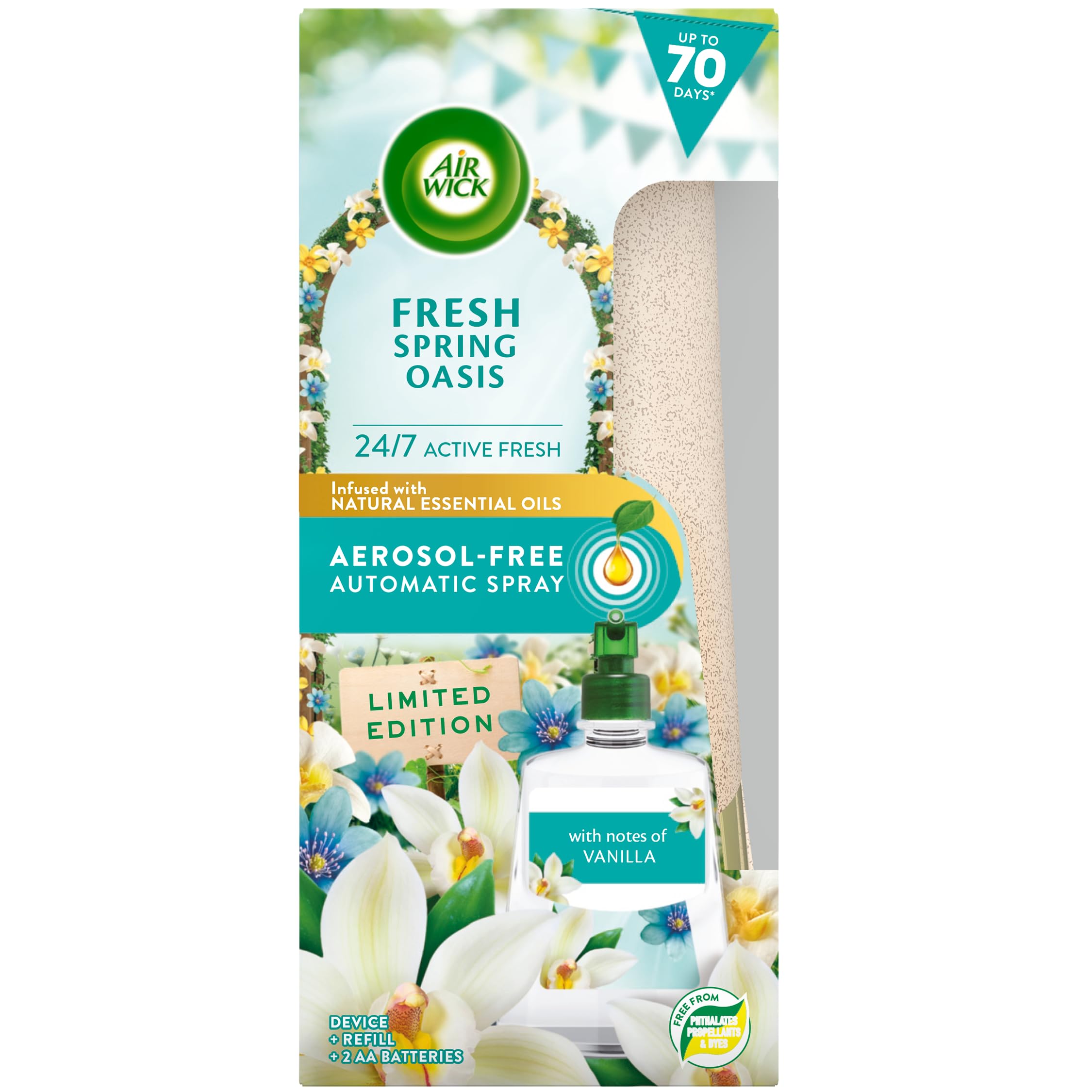 Air Wick Aerosol-Free Automatic Air Freshener Spray Kit, Fresh Spring Oasis, 1 Gadget & 1 Refill (228ml), 24x7 Active Fresh Odour Neutraliser, Lasts Up to 70 Days, Air freshener For Home