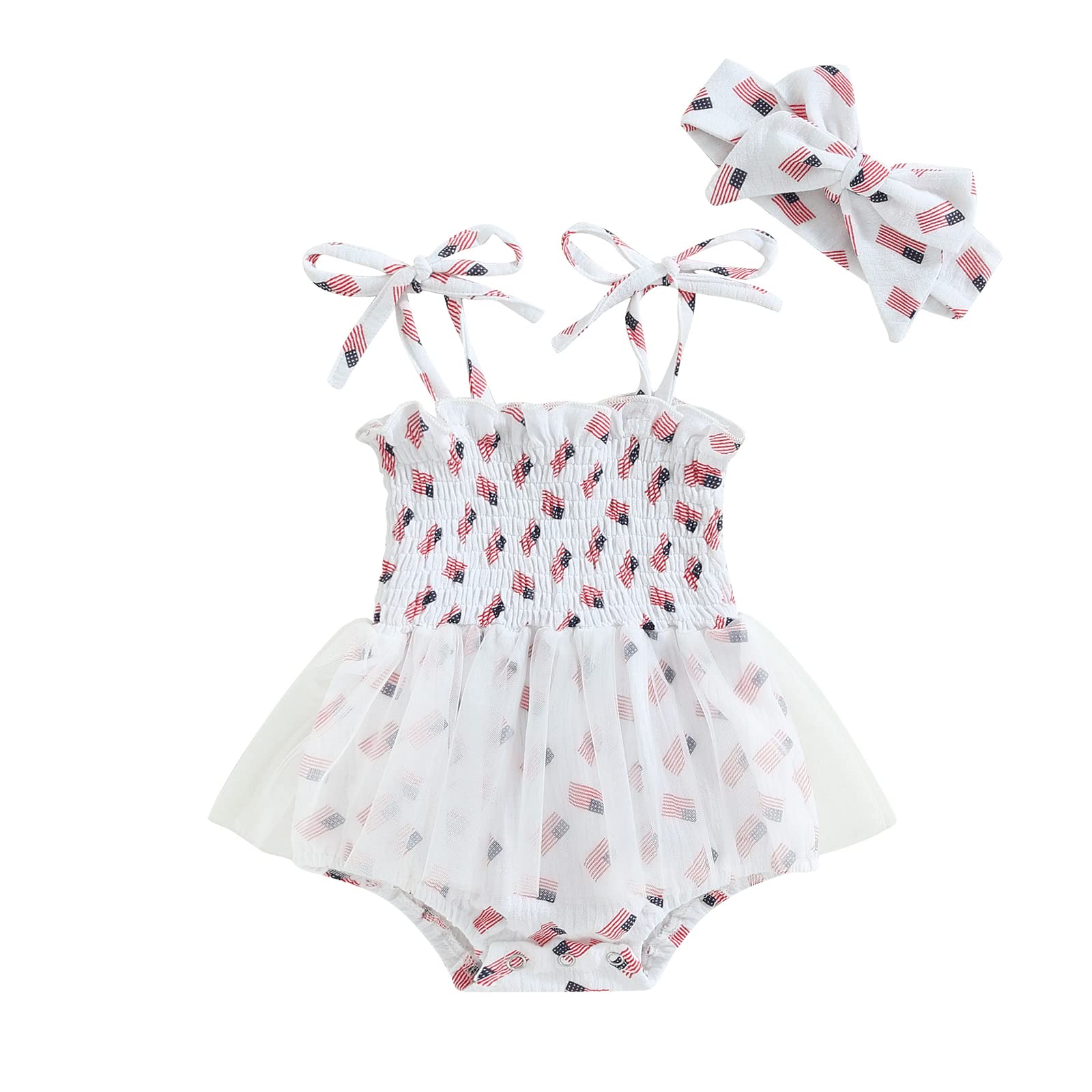 FYBITBO 4th of July Baby Girl Outfits American Flag Sleeveless Strap Romper Dress Tulle Bodysuit Infant Summer Clothes Set (American Flag, 6-12 Months)