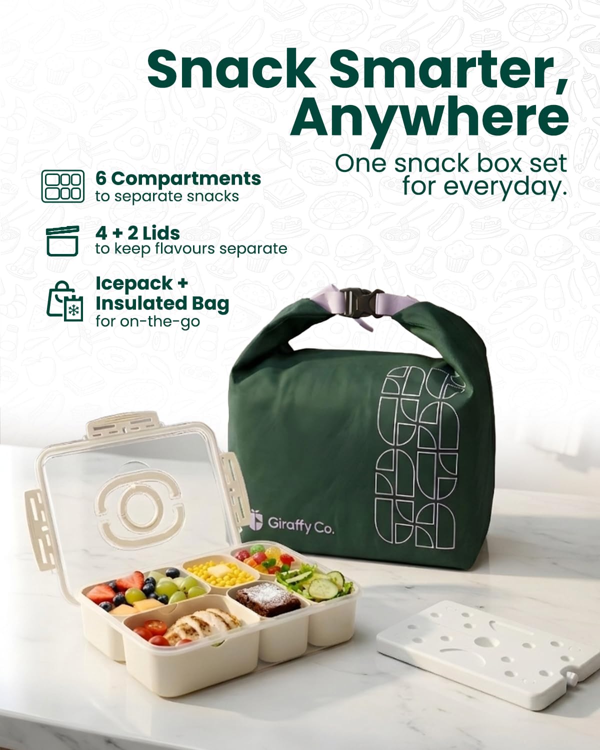 Snackbox Creamy White z przegródką ociekową, przenośna snackle box z torbą termoizolacyjną i wielorazowym wkładem chłodzącym, 6 wyjmowanych przegródek (2 duże + 4 małe) osobnymi pokrywkami
