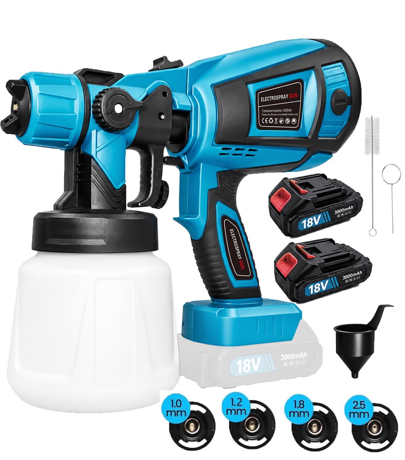 Cordless Paint Sprayer 18V Battery, Compatible with Makita, Electric Spray Gun 500W with 4 Nozzles & 3 Spray Patterns, 1400ml Tank (2X3.0Ah Battery) - Ideal for Wall Paint, Furniture, Fences
