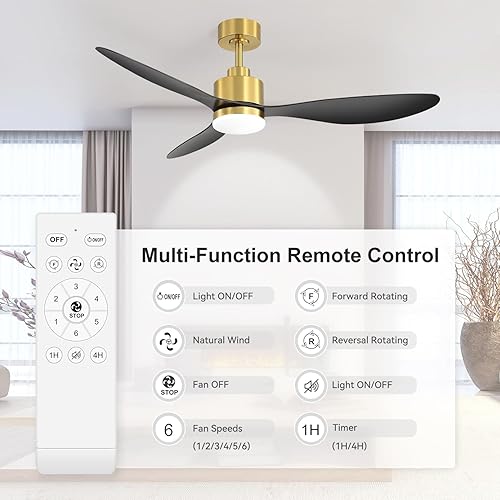Miniatura 6 de Ventiladores de techo de 52 pulgadas con luces y control remoto, motor de CC silencioso, 3 aspas reversibles, ventilador de techo moderno dorado y