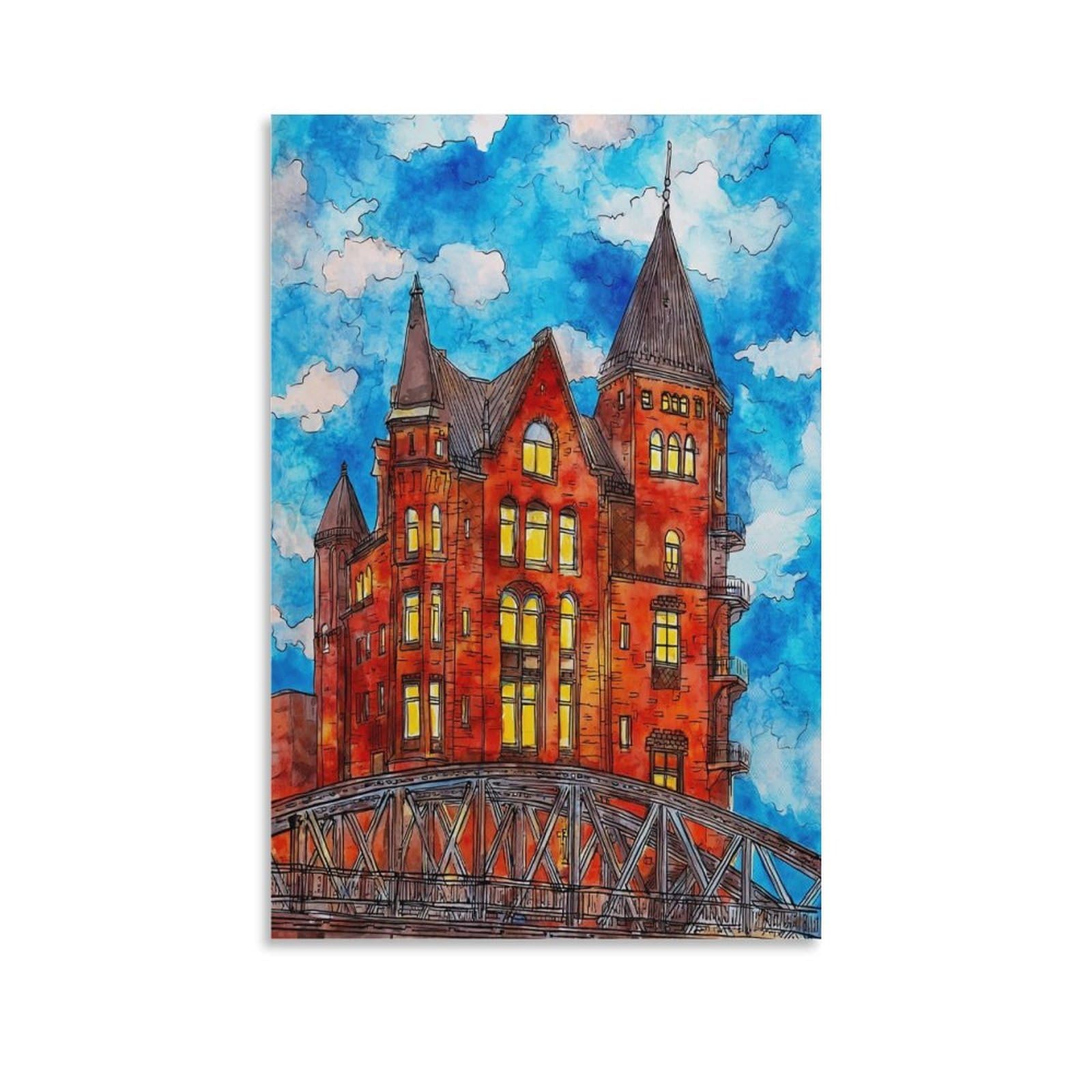 Cnaheiz Unframe-Style Hamburg Germany 24X36inch(60X90cm) Vintage Travel Poster Watercolor Canvas Art