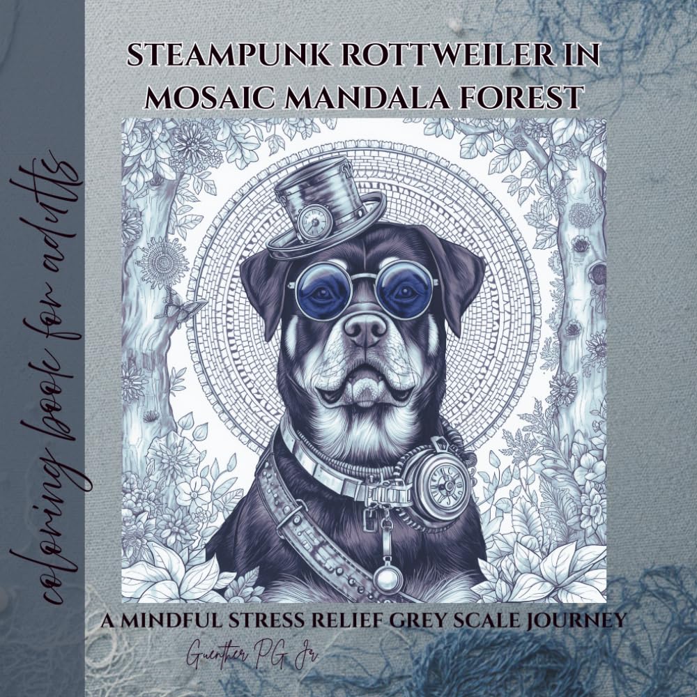 steampunk Rottweiler in mosaic mandala forest: a mindful stress relief grey scale journey