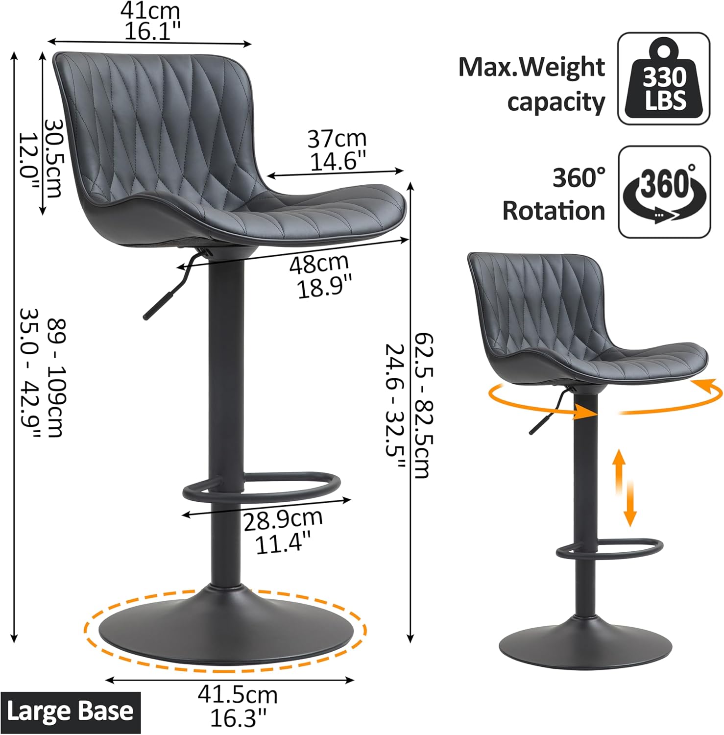 Finnhomy Bar Stools Set of 2, Modern 360° Swivel Faux Leather Bar Stools, 24"-32.5" Seat Height with Back, 330 lbs Capacity, SGS Gas Lift, Upholstered Kitchen Chairs for Kitchen Island, Black