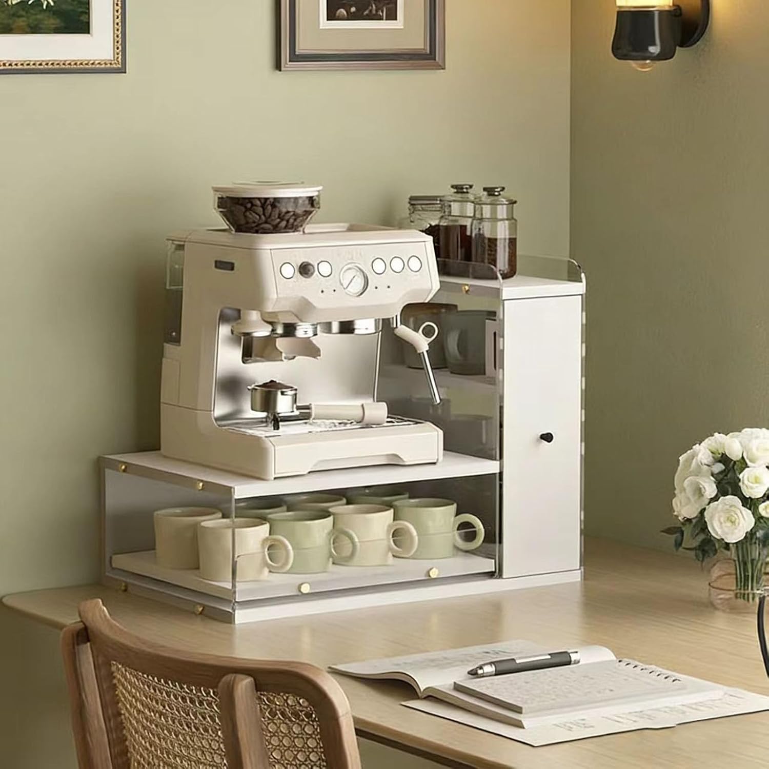 Coffee Maker Stand with Drawer, 2-Tier Countertop Organizer for Espresso Machines, Coffee Pods, Mugs & Capsules, Acrylic & Wood Coffee Station for Home, Office (White)