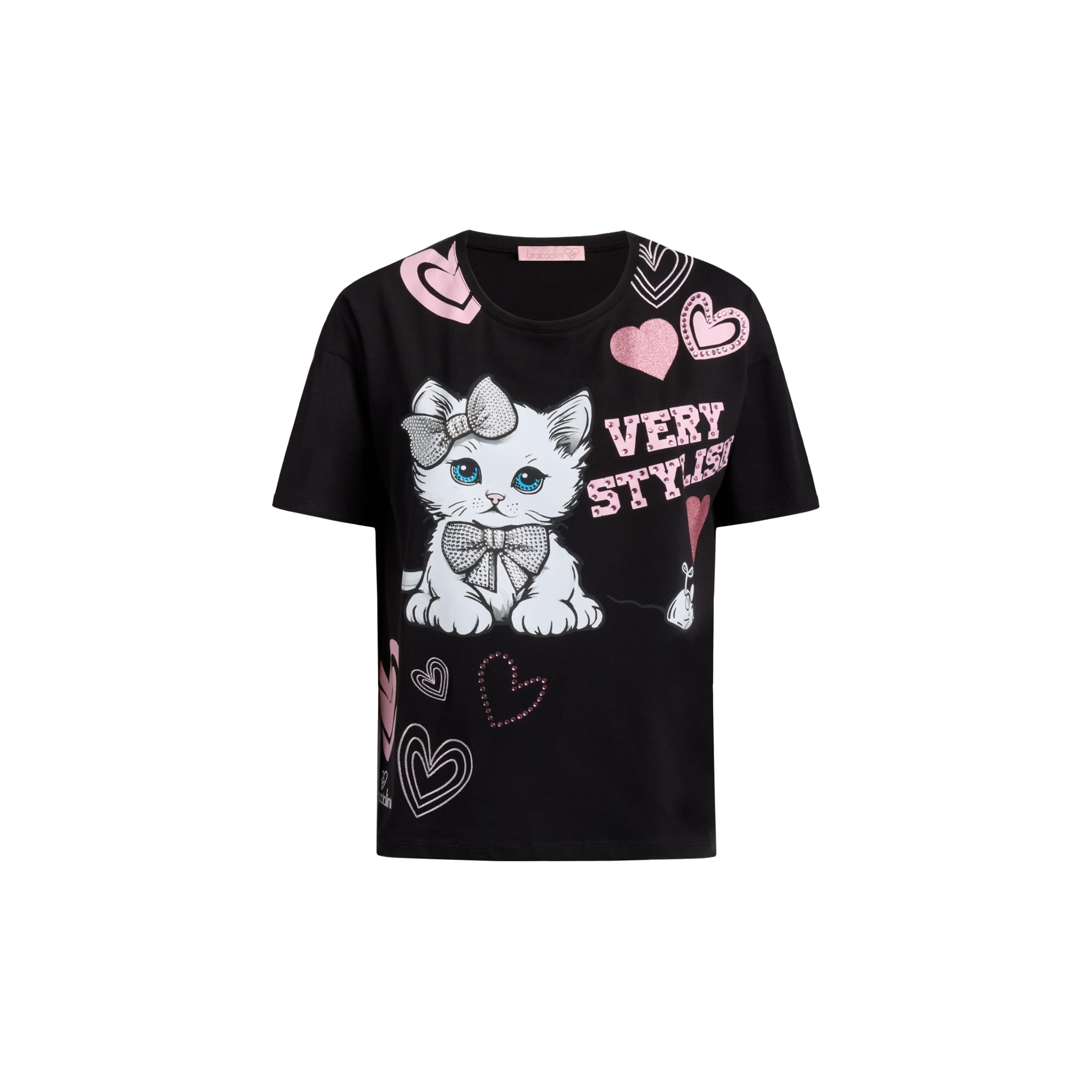 Braccialini Top Wear T-Shirt a Mezza Manica con Una Simpatica Stampa su Fondo Nero Che celebra Il Mondo Pet. Cuori Pastello e Un Dolce Cucciolo di Gatto Si alternano a Scritte giocose.