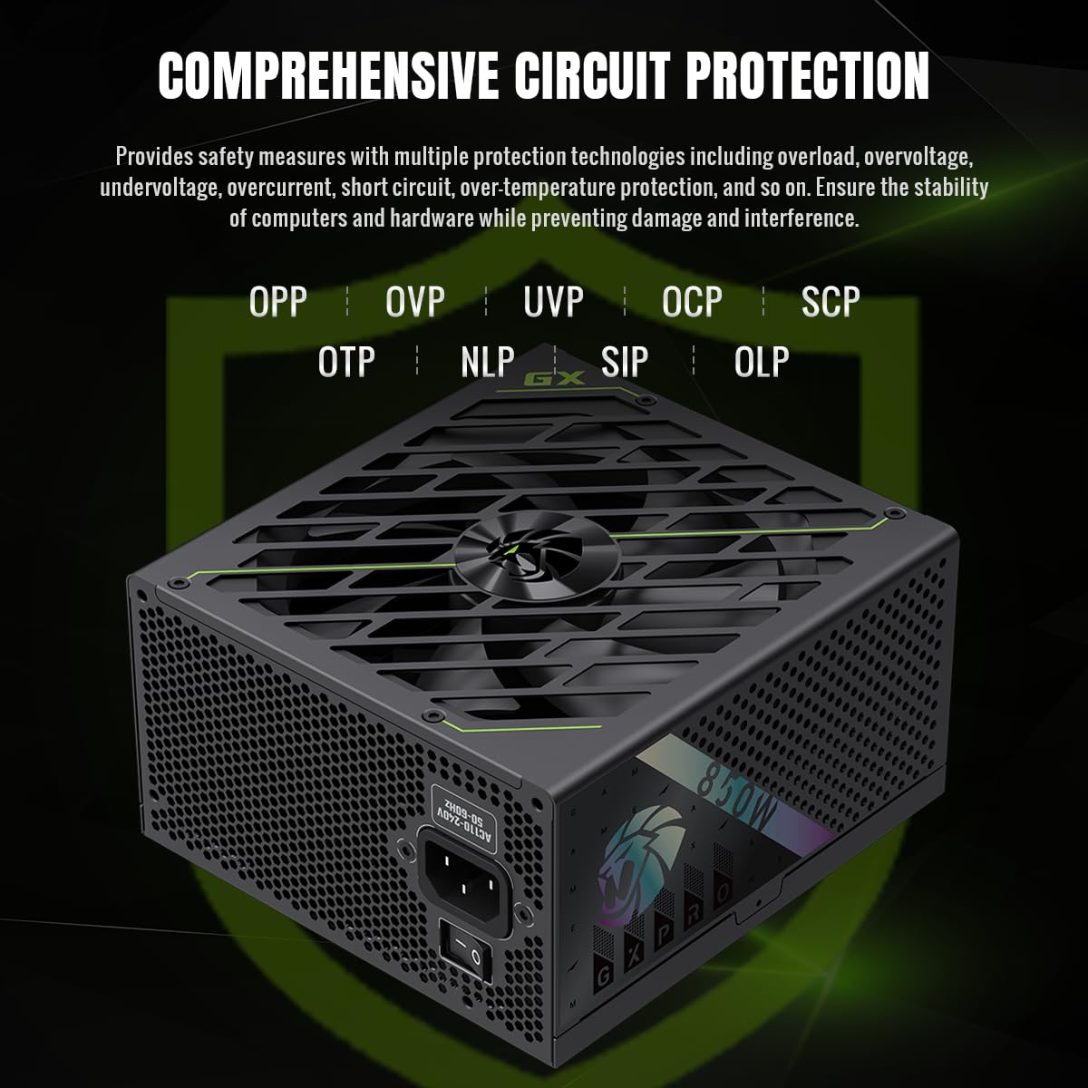 GAMEMAX GXPRO 850G Alimentatore PC 850W completamente modulare, ATX3.1 PCIe5.1 con connettore 12V-2x6, 80 Plus Gold, condensatori giapponesi 105°C, 7 circuiti di protezione, 10 anni, nero