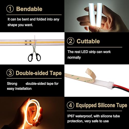 Miniatura 5 de Tira de luces LED COB de 110 V, 32.8 pies, IP67, impermeable, blanco cálido, súper brillante, regulable, cinta LED cortable, cuerda de luz de neón