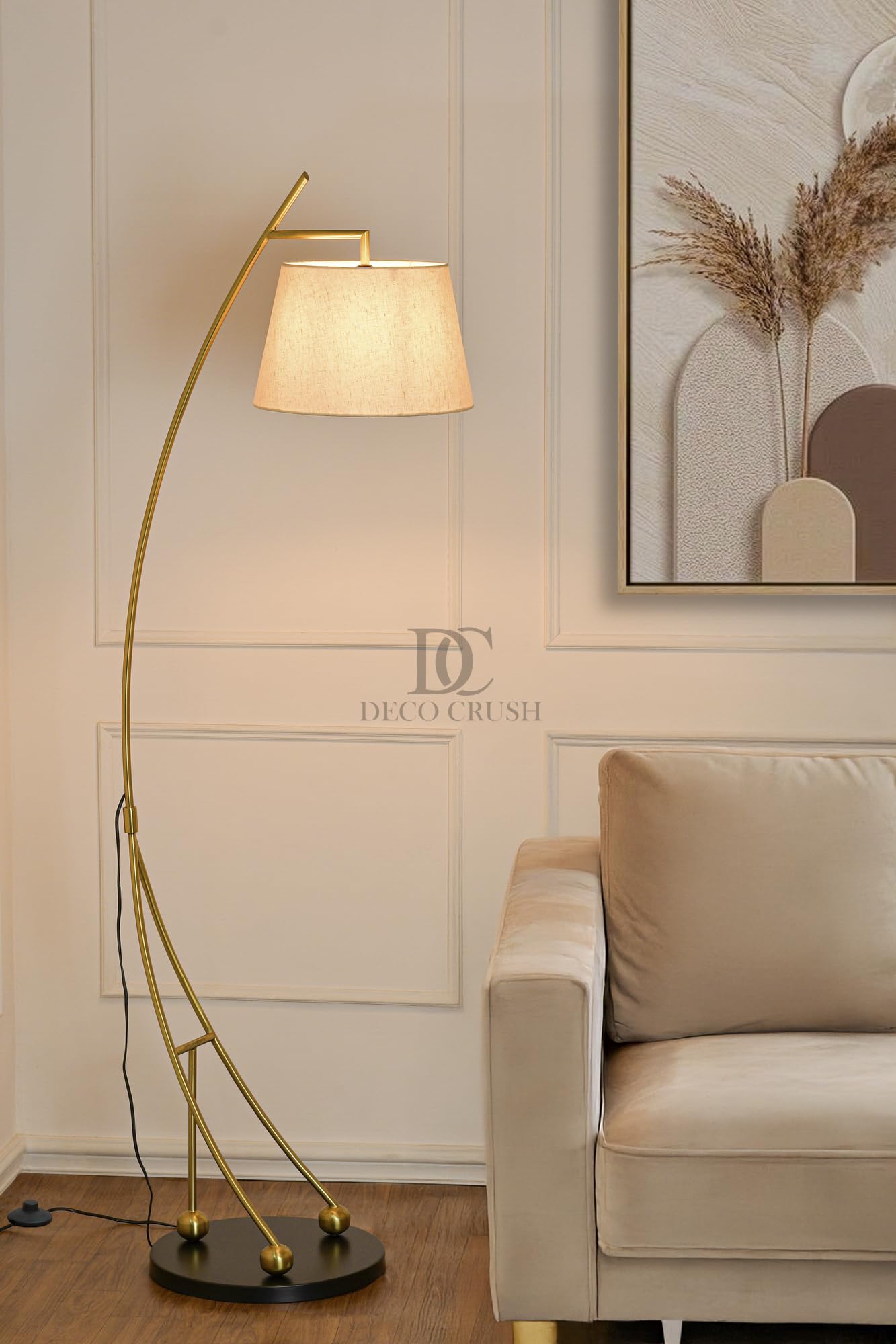 Deco Crush Modern sculptural LED Floor Lamp Standing Brass Plating Antique Finish Gold 5.5ft Height with Matte Beige Lampshade (Beige)-image-41