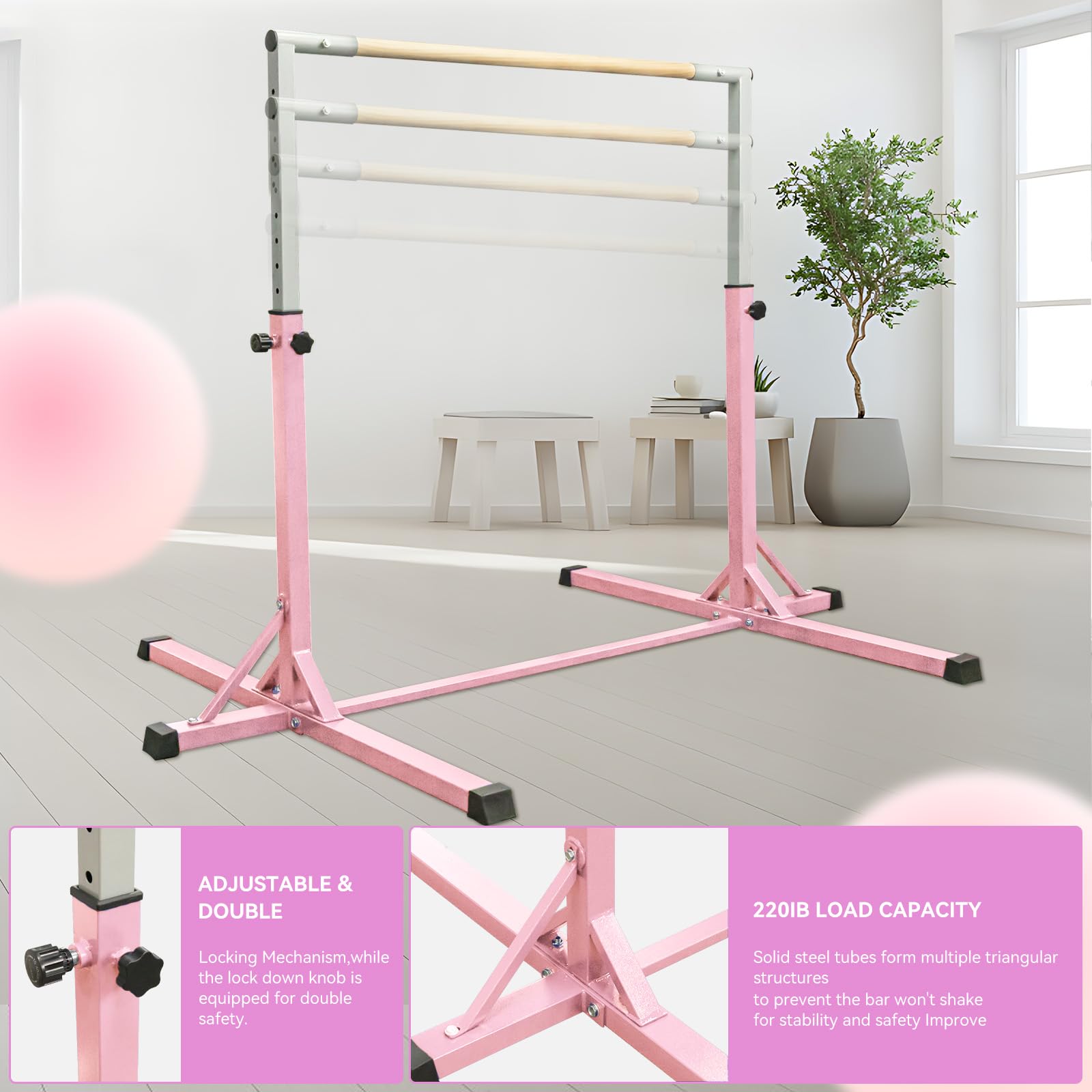 FBSPORT Barra de Gimnasia para Niños Barra Horizontal de Gimnasia con 13 Altura Ajustable de Barra de Entrenamiento con Anillos de Gimnasia Barra de Entrenamiento de Gimnasia expandible Junior Rosa