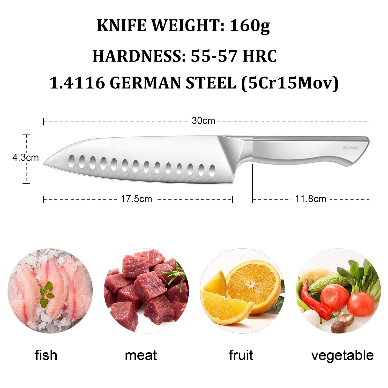 Couteau Santoku Shan Zu - Acier Inoxydable Allemand, Style Japonais