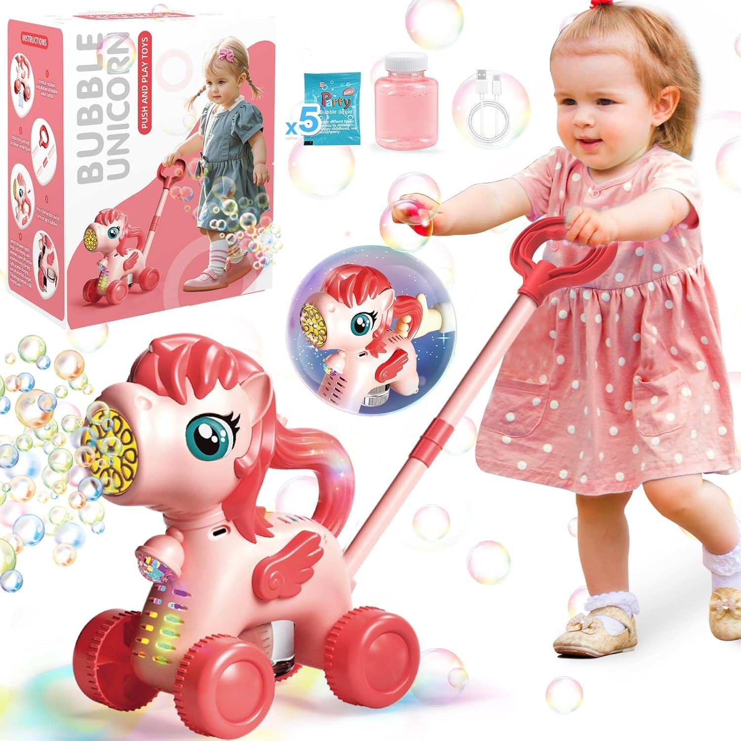 Bubble Lawn Mower for Kids Toys Age 3 4 5 Year Old: Unicorn Bubble Machine for Toddlers 1-3, Backyard, Travel, Party, Outdoor Toddler Toys