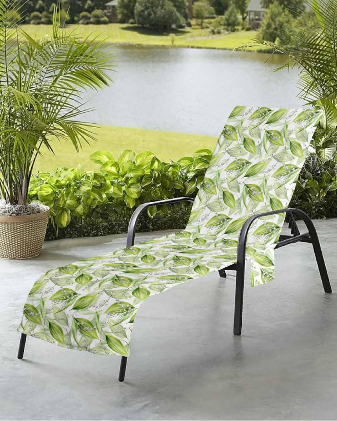 Watercolor Leaves Beach Chair Towel Covers for Chaise Lounge with Side Pocket, Soft Plush Pool Towels Cover for Patio Sunbathing Outdoor 29''x85'' Tropical Botanical Floral Green White