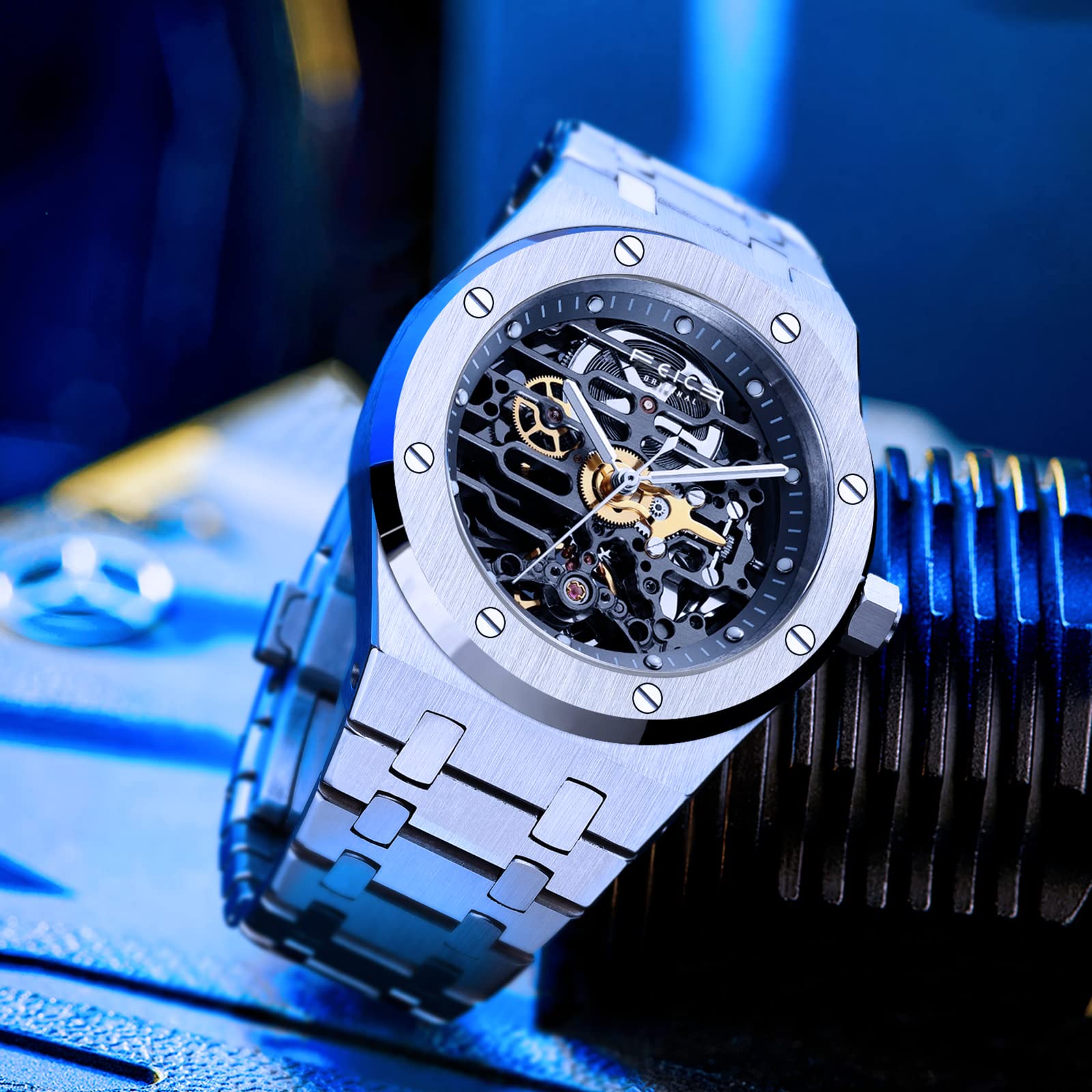 FEICE Automatikuhr Herren Skeleton Uhr Handgelenk Mechanische Uhren Edelstahl Saphirspiegel 42MM