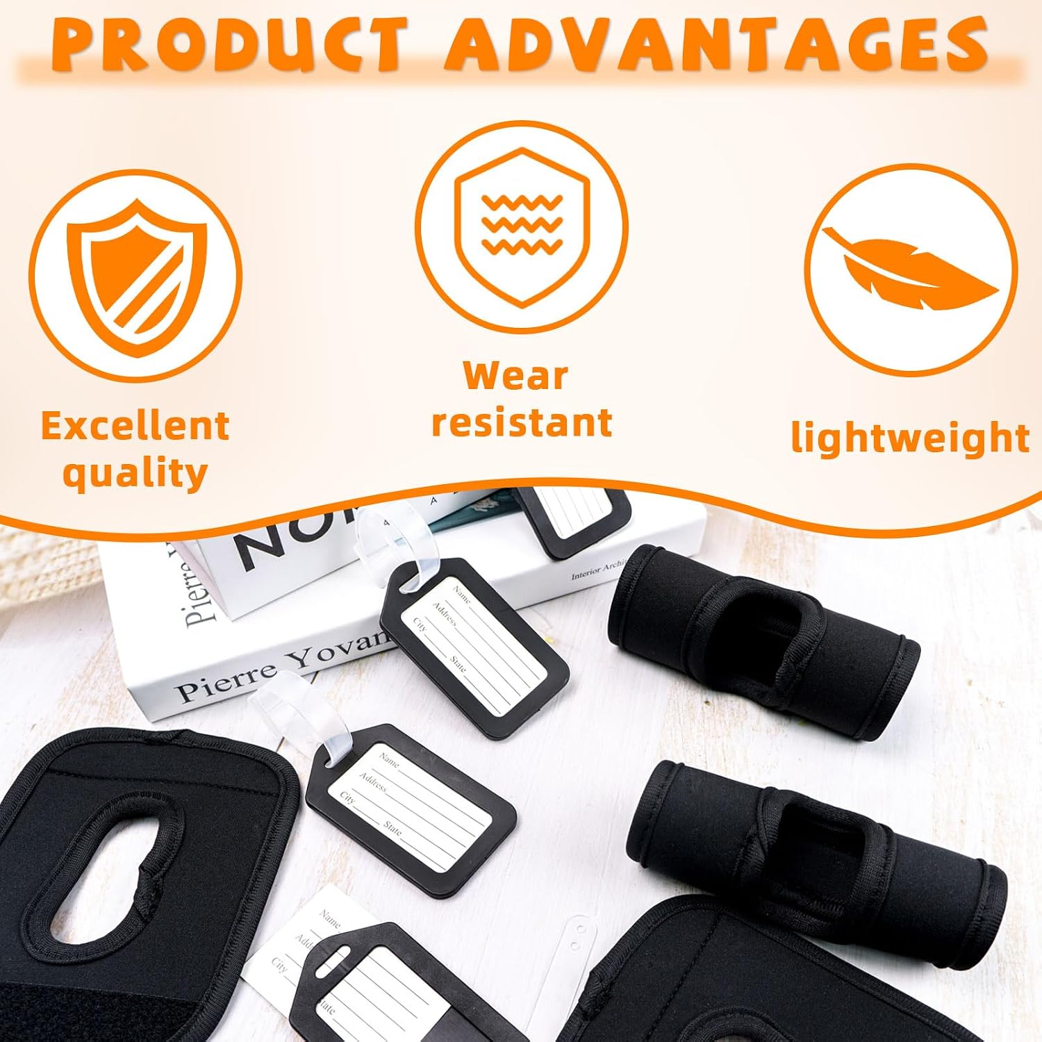 4 PCS Luggage Handle Wraps and 4 PCS Luggage Tag Identifier, Soft Comfortable Travel Bag Handle Covers for for Travel Suitcase Trolley Case, Suitcase Name Tags for Travel Accessories (Black)