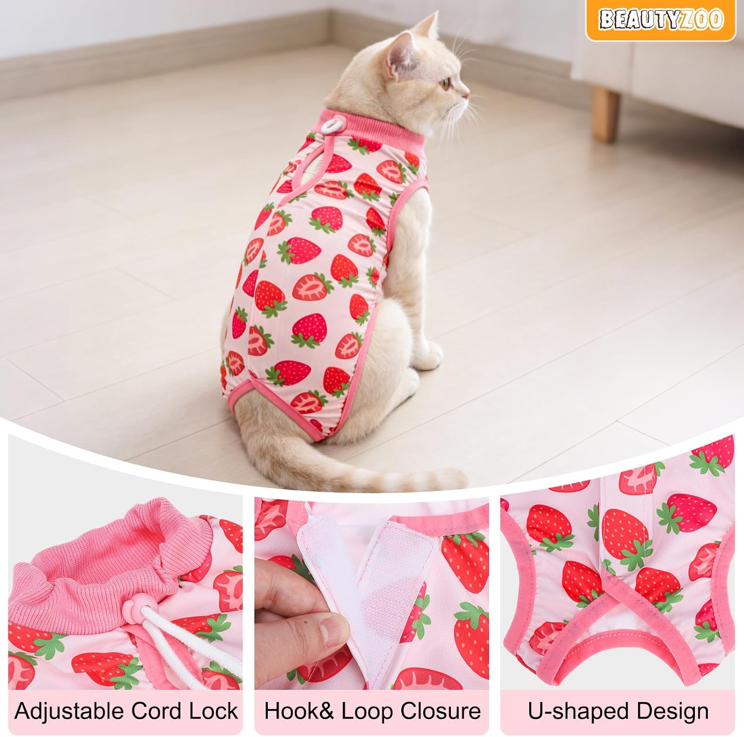BEAUTYZOO 2 Pack Cat Recovery Suit, Cat Onesie for Cats After Surgery Female Male, Kitten Spay Neuter Surgical Recovery Body Suit Cone of Shame Alternative, Anti Lick Pet Anxiety Vest,Strawberry,XS