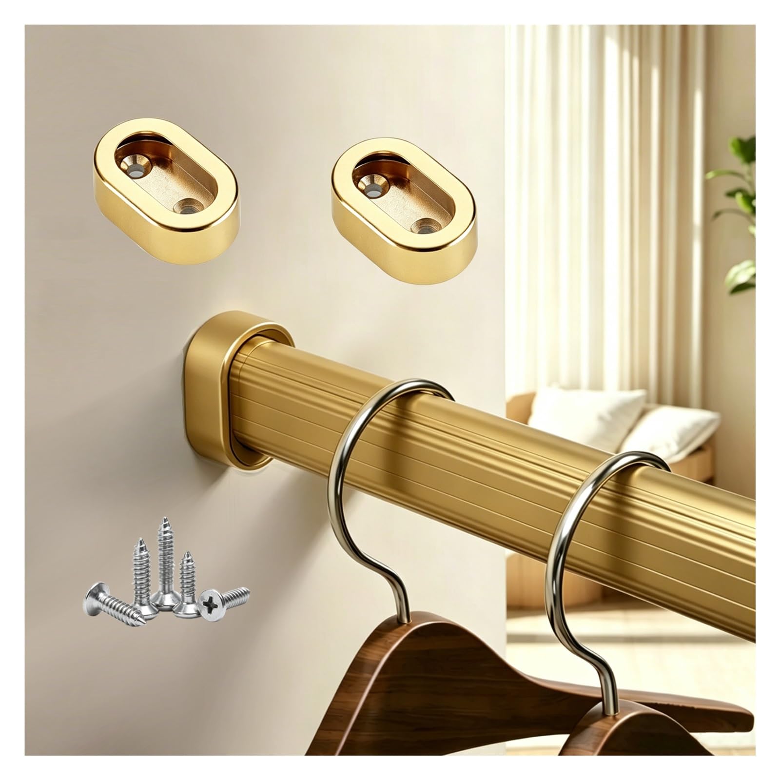 Heavy Duty Closet Rods Gold Silver Aluminum, Dormitory Bedroom Wardrobe Rod for Hanging Clothes, 12 16 24 48 60 70 80in Custom, with Screws(Gold,Closet Width 60"/152.4cm)