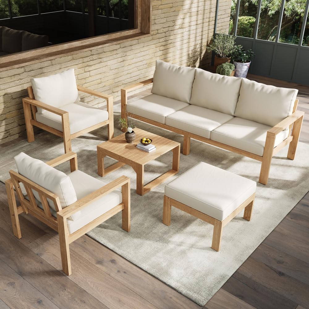 I0I&I0I Juego de muebles de jardín con marco de acacia para 4-6 personas, sofá, mesa, taburete, mesa de café, comodidad, exterior, terraza, balcón, jardín