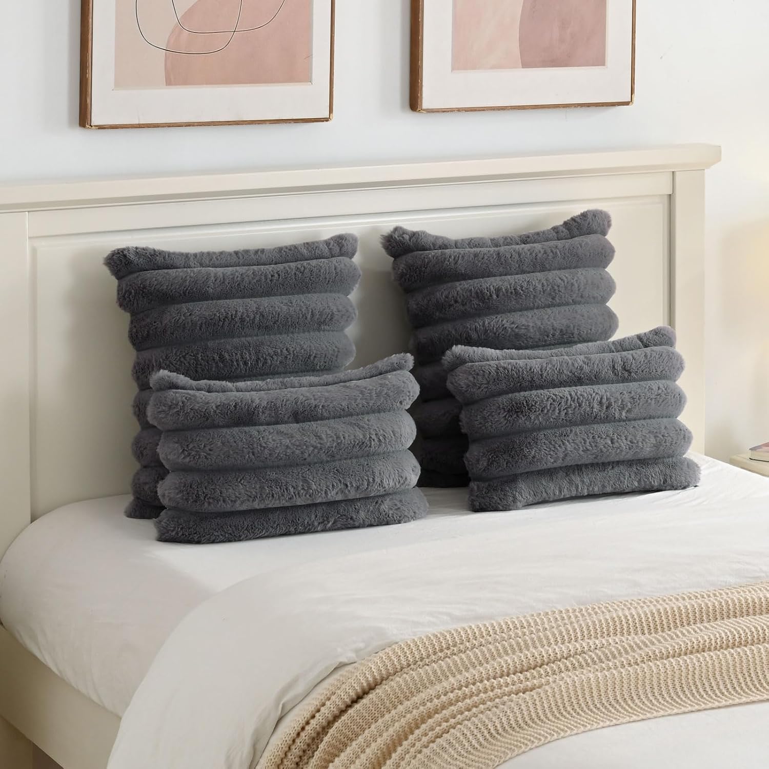 FUTEI Dark Grey Decorative Throw Pillow Covers 18x18 Inch Set of 2, Square Soft Faux Rabbit Fur Big Striped Cushion Cover,Home Decor for Couch Sofa Bed Living Room - Image 6