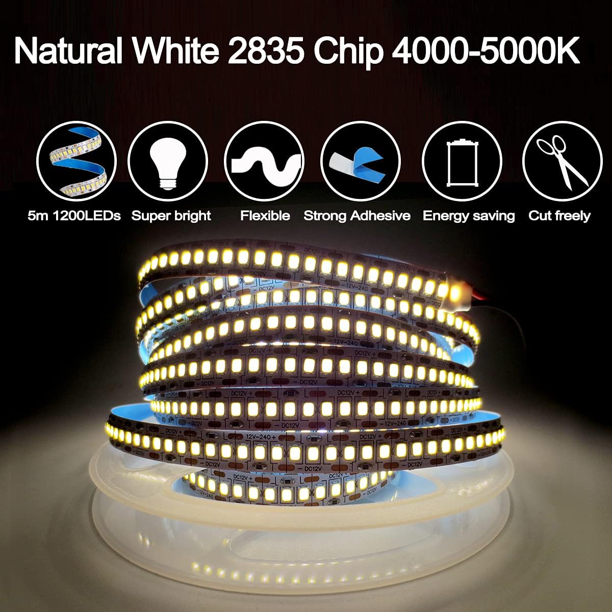 Tesfish 12V LED Strip Lights, Natural White 4000K 5M LED Strip - Super Bright Rope Lights for Bedroom Kitchen, Advertising Decor - Image 4