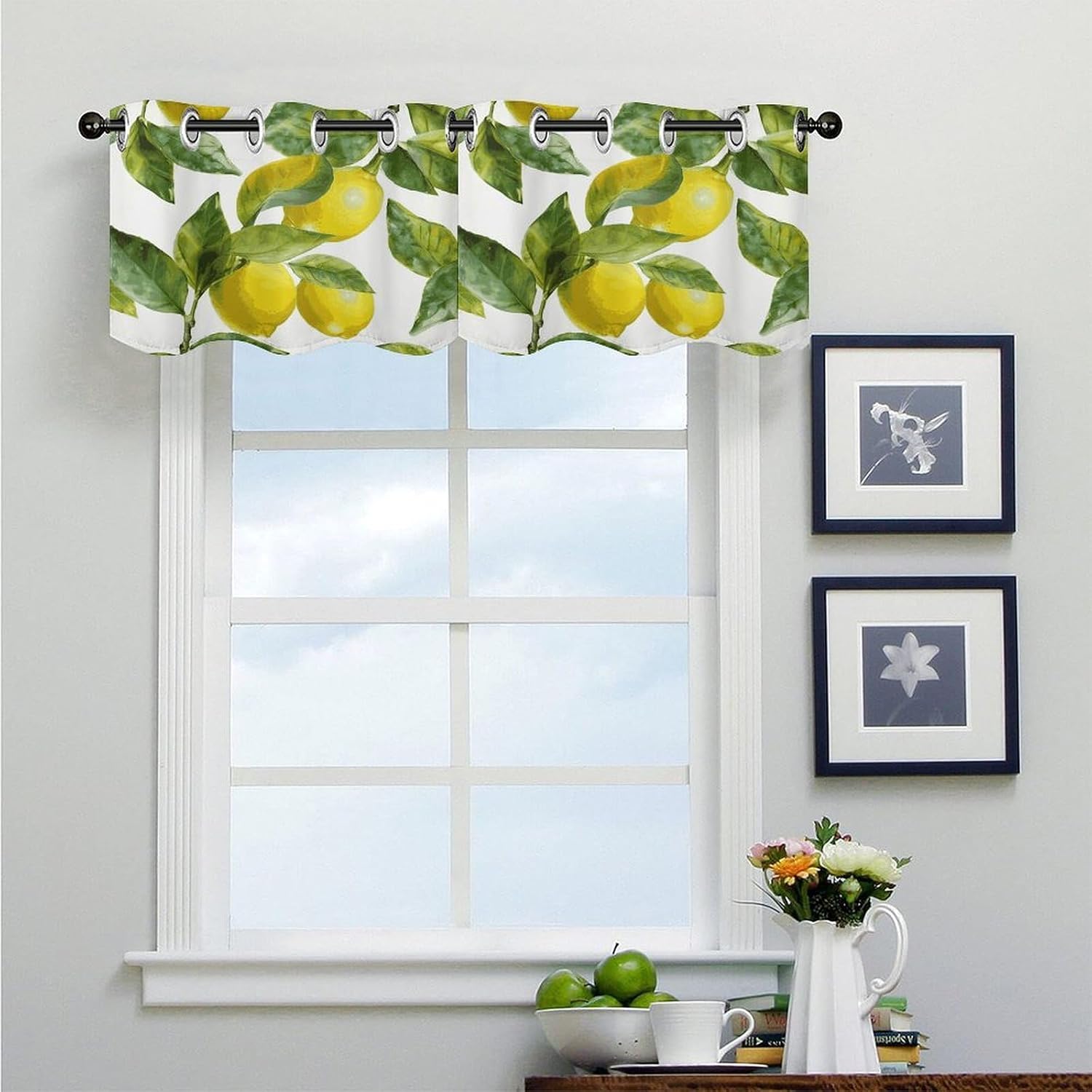 Lemon Branch Leaves Curtain 2 Panels, Polyester Fiber, Blackout Insulated Window Curtain, Curtain Valance for Kitchen Dining Room Living Room Cafe Small Window 52 * 18.1 Inches