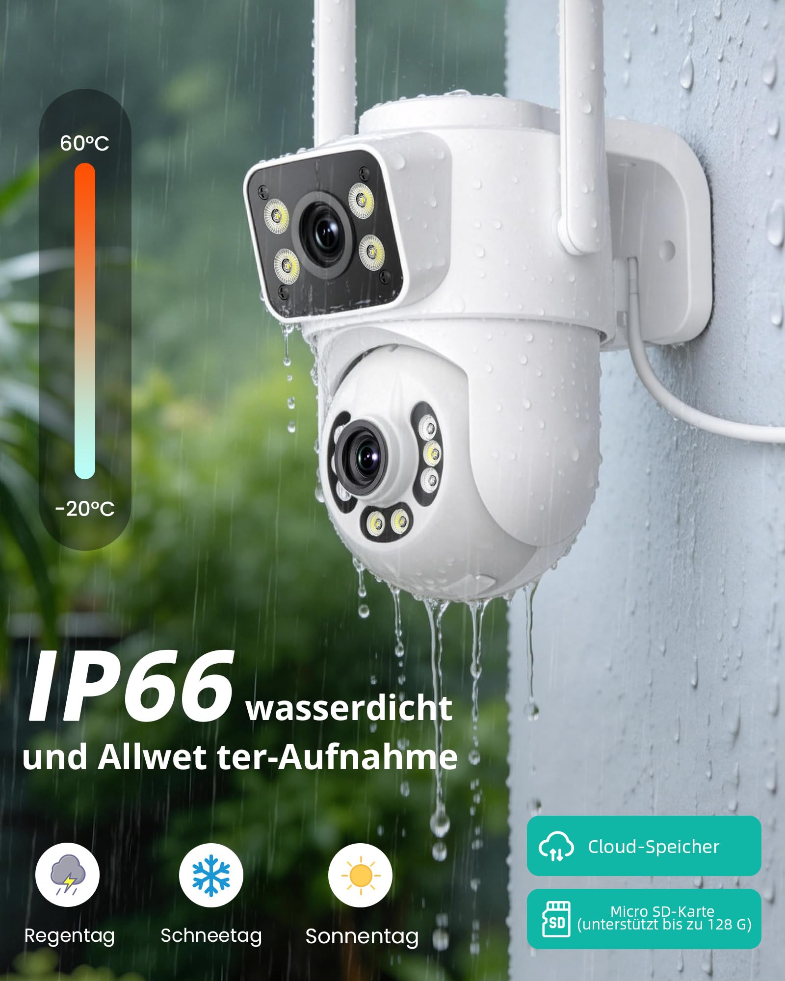 ANBIUX 2Stück 2K Überwachungskamera Aussen mit Dual-Objektiv | 2.4/5Ghz WiFi, 3 Meter Netzkabel,360°PTZ ,Farb-Nachtsicht,Intelligent Tracking,Zwei-Wege-Audio,Cloud/SD