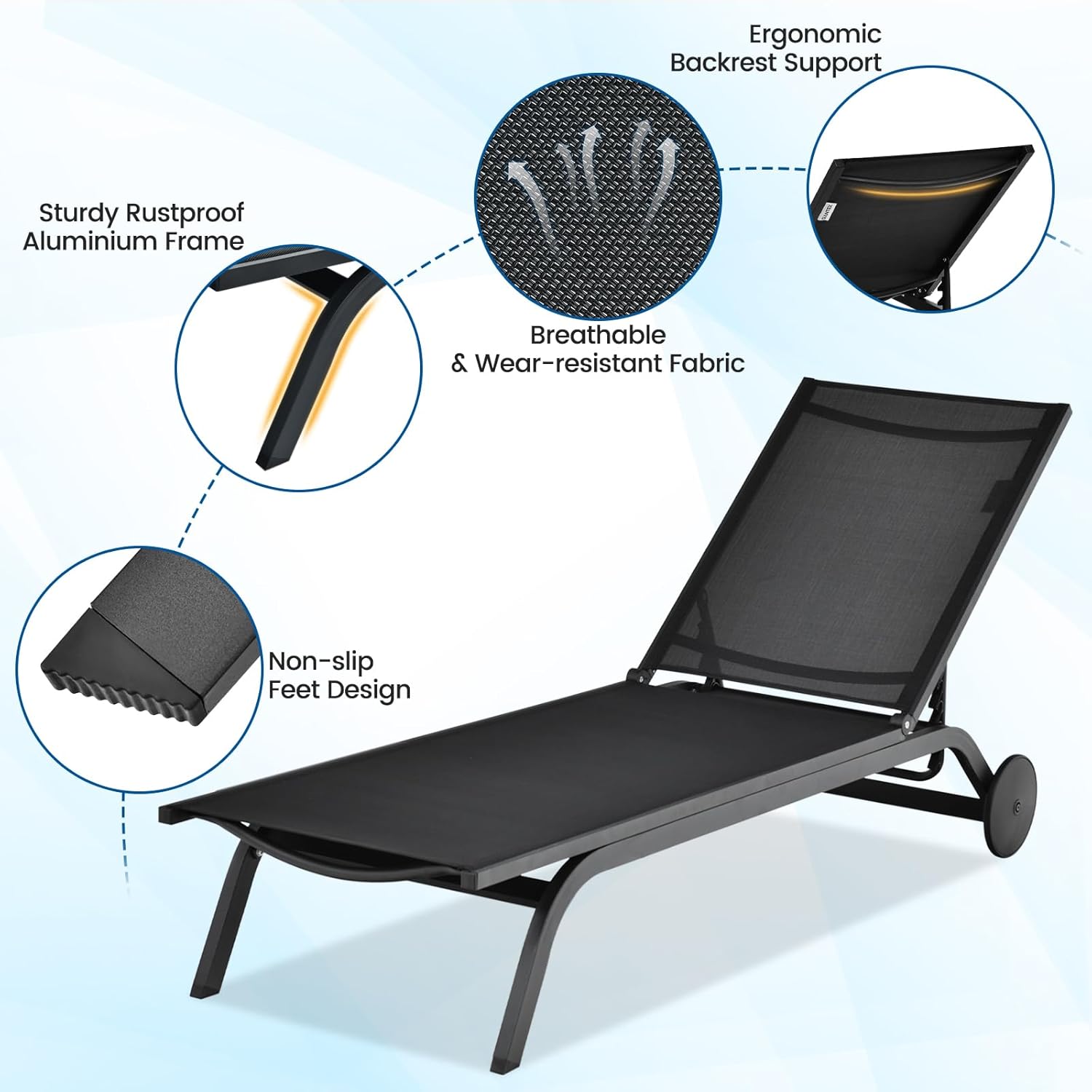 COSTWAY Outdoor Patio Chaise Lounge, 6-Position Adjustable Pool Lounger with Stable Aluminum Frame, Portable Sun Bathing Lounge Chair on Wheels for Backyard Garden, Black