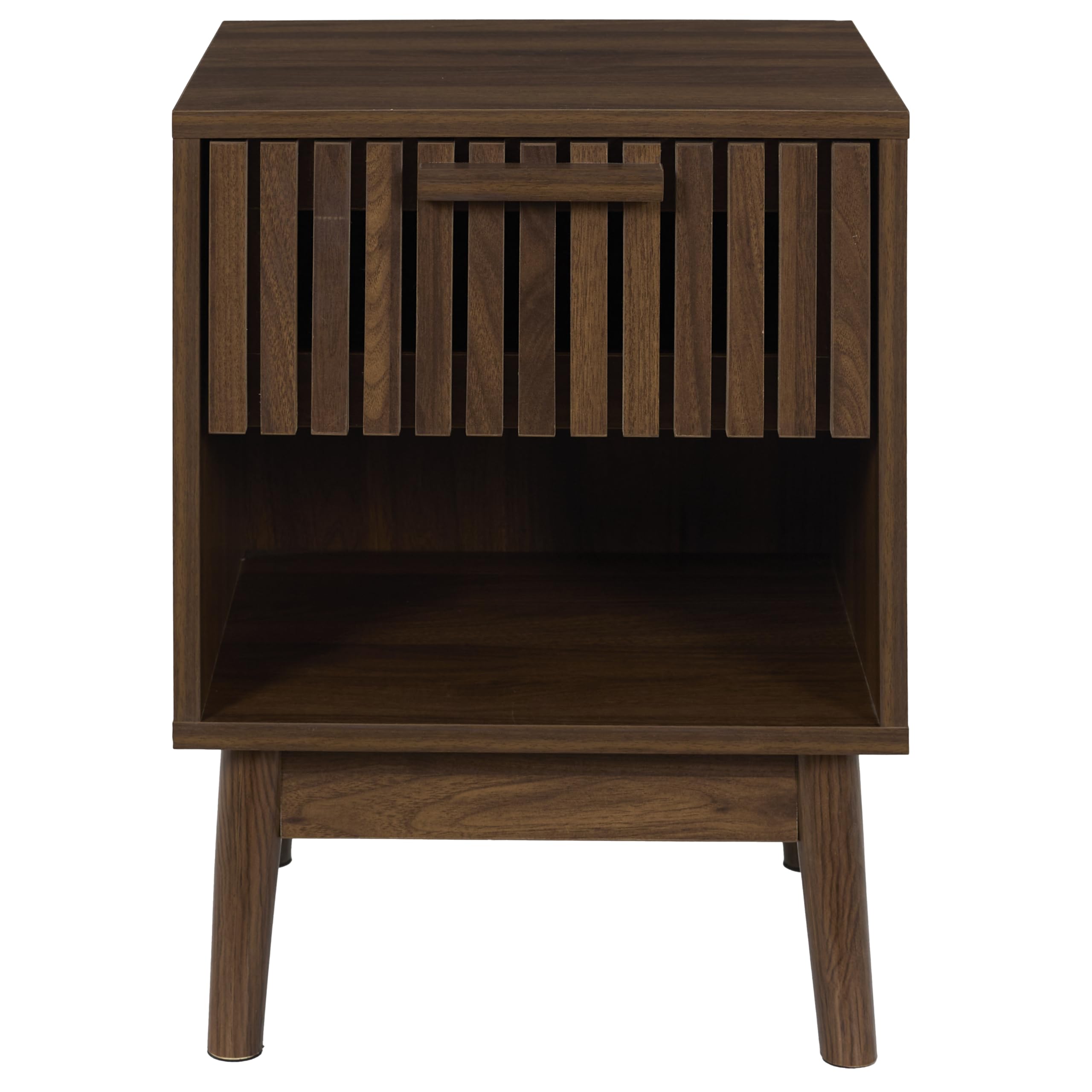 HOME DECO FACTORY - Elegante Comodino Contemporaneo con Cassetto Striato e Nicchia Aperta - Modello Klaus - Ideale per un Pratico Stoccaggio nella Tua Camera - Legno Scuro - 46x13x41 cm