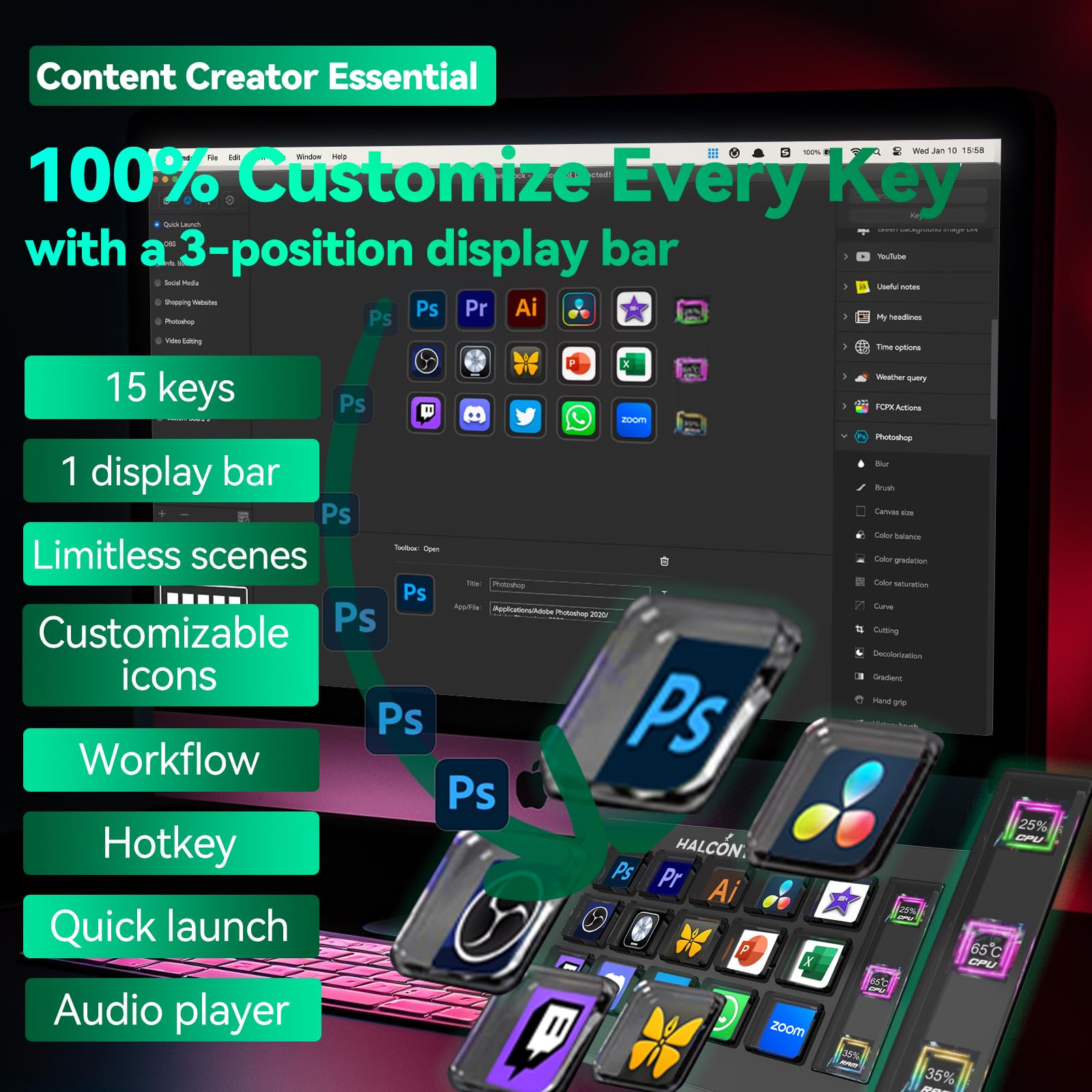 HALCONTORNO Stream Dock Slim - Steamdeck per PC Mac, Controller di streaming cablato per creatori di contenuti, tastiera macro programmabile, configurazione di gioco in streaming, OBS Studio YouTube
