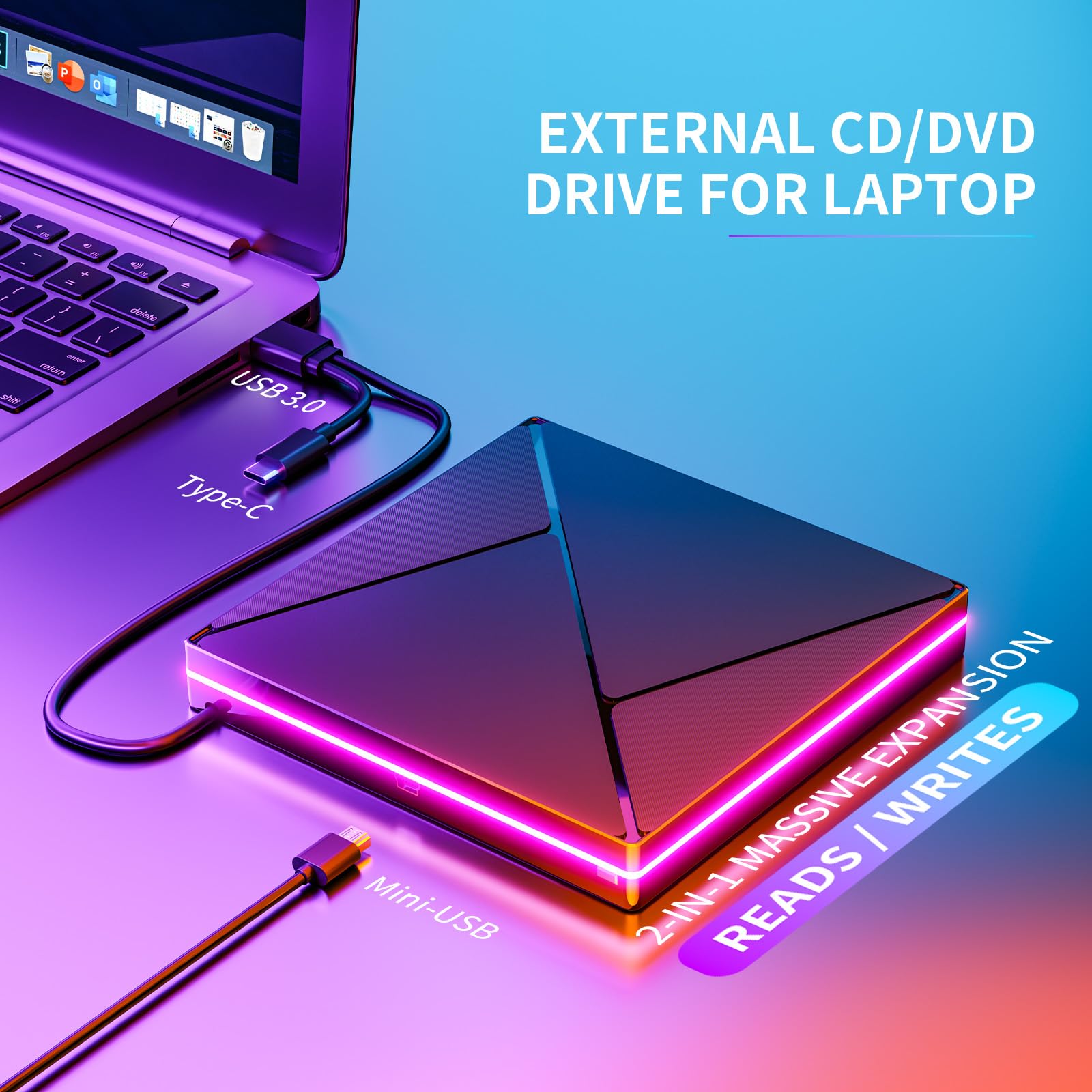 Zewnętrzny napęd CD DVD z RGB, USB 3.0 i USB-C, zewnętrzny, nagrywarka CD DVD +/-RW ROM, optyczny, zewnętrzny napęd DVD do laptopa, komputera stacjonarnego, MacBooka, iMaca, Windows 11/10/8/7/XP/Linux
