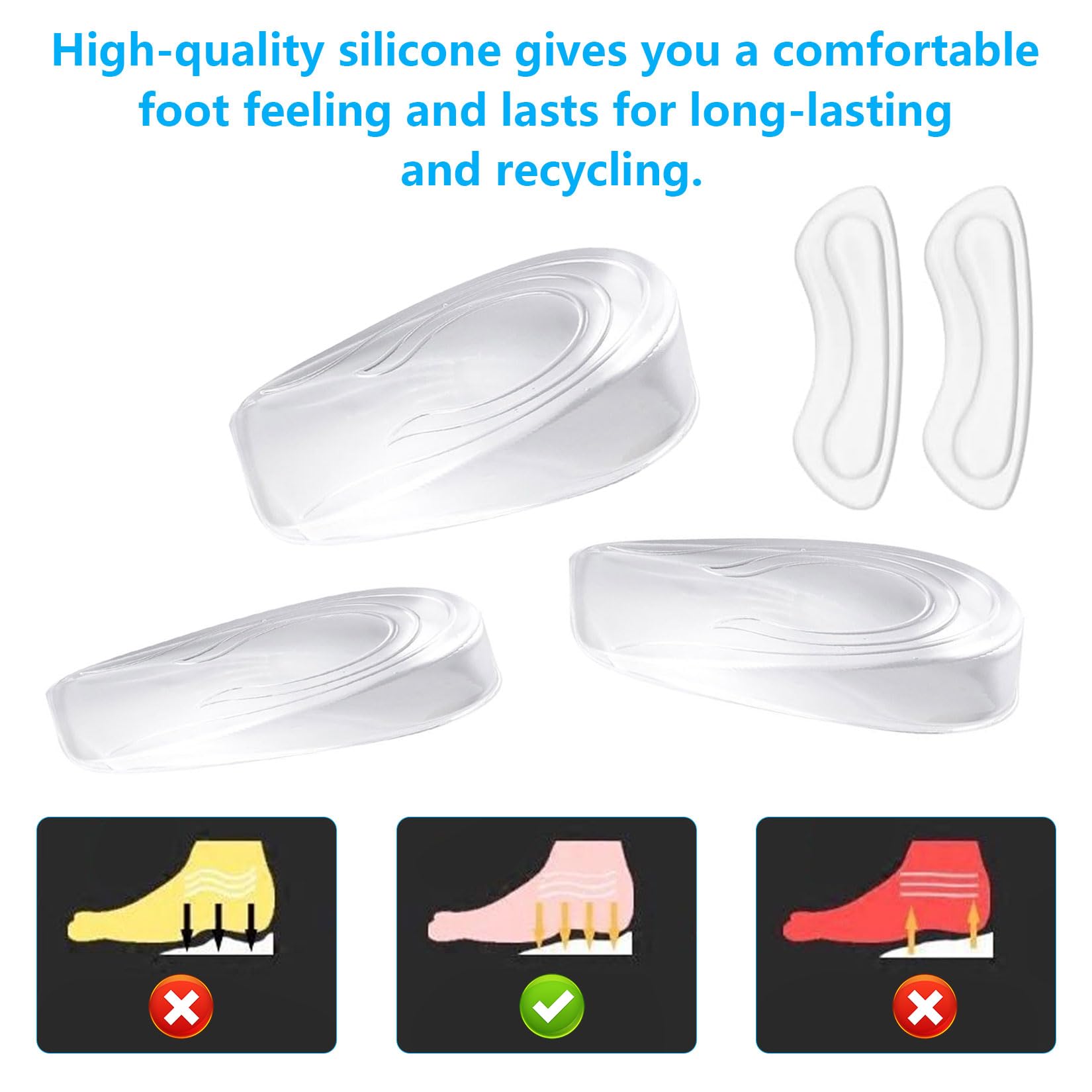 3 Paia Altezza Aumentando Tallone Solette, 1/2/3cm Rialzo Tallone per Scarpe, Solette Rialzate Donna, Talloniera di Silicone di Altezza Solettes + 1 Paio Cuscinetti per Tallones