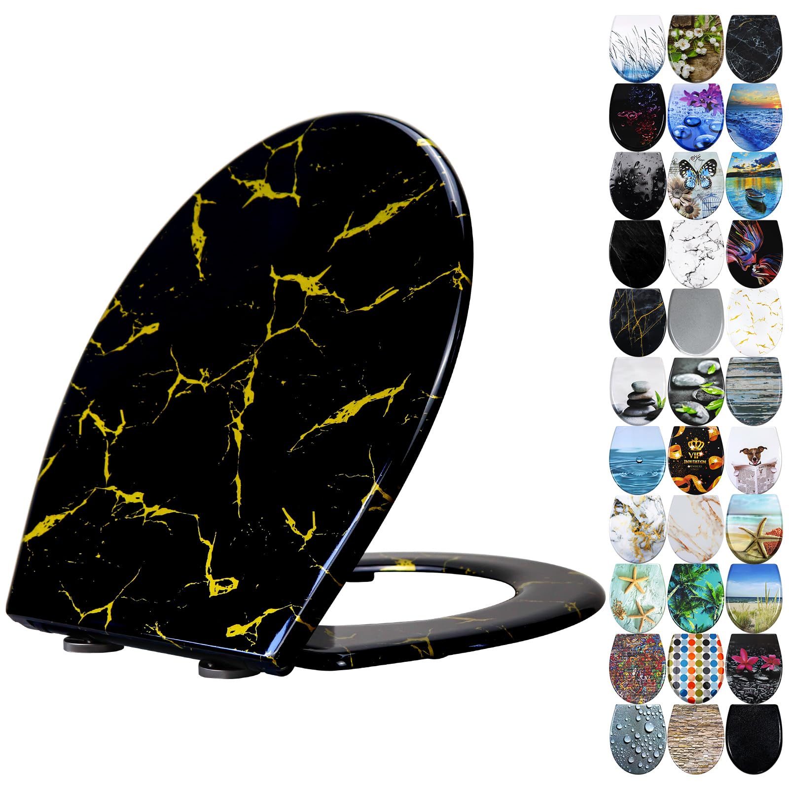 Fanmitrk Duroplast Toilet Seat Soft Close Black Color with Gold Dust Glitter Effect โ image 1