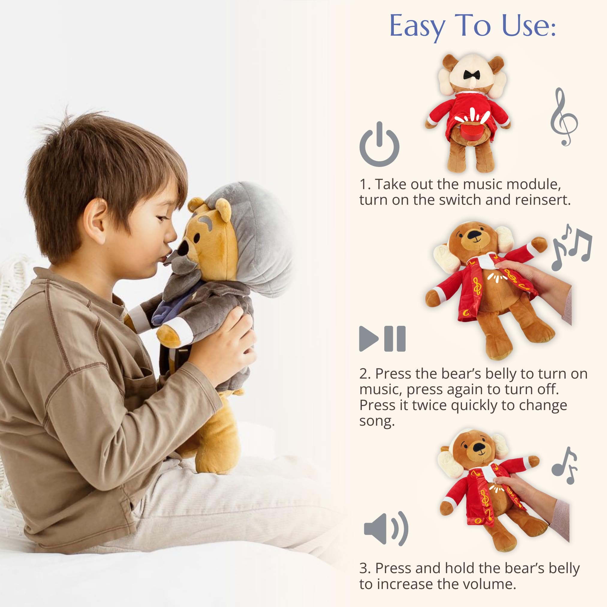 Ours Virtuoso de Brahms – Peluche bi-mode avec fonctions musique et confort, joue 40 minutes de musique classique et de bruit blanc pour calmer et apaiser les bébés