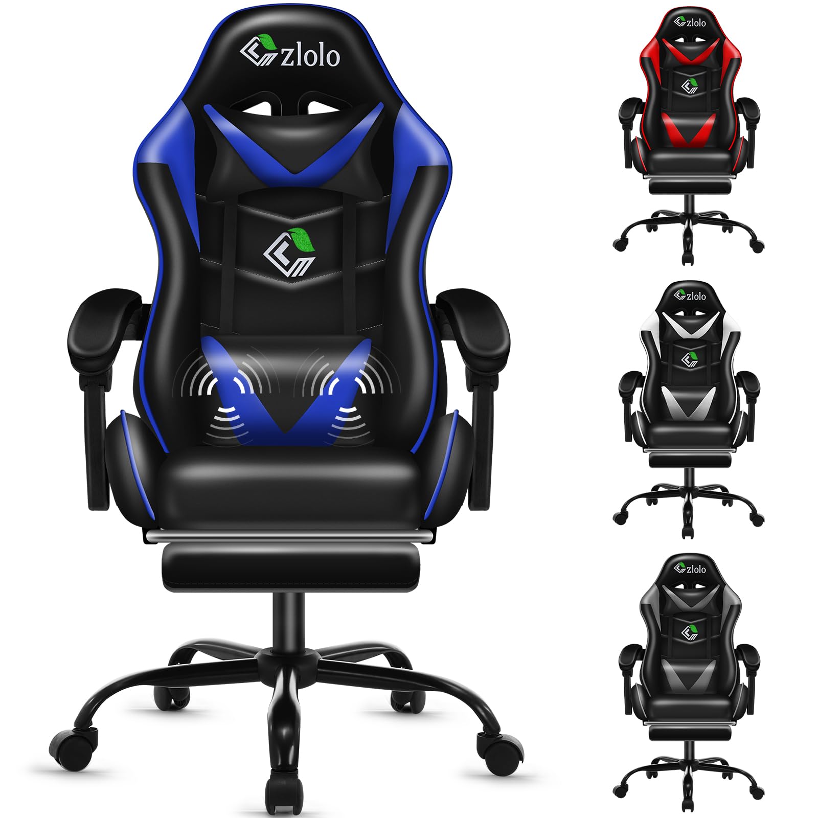 Silla Gaming con Masajeador, Silla de Estilo Racing Ergonómica Reclinable con Reposapiés y Cervical,Respaldo Alto y Reposabrazos Acolchados, Ruedas 360°, para Adultos y niños,Azul