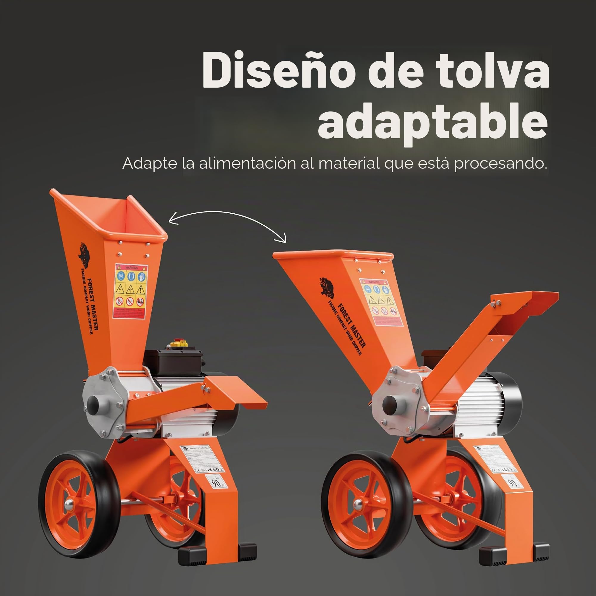 FM4DDE-EU-ADJ Trituradora Eléctrica de Madera 4HP con Tolva Giratoria – Transmisión Directa, Compacta y Portátil – Tritura Ramas de hasta 50 mm – Sistema Antibloqueo Mejorado – Enchufe EU