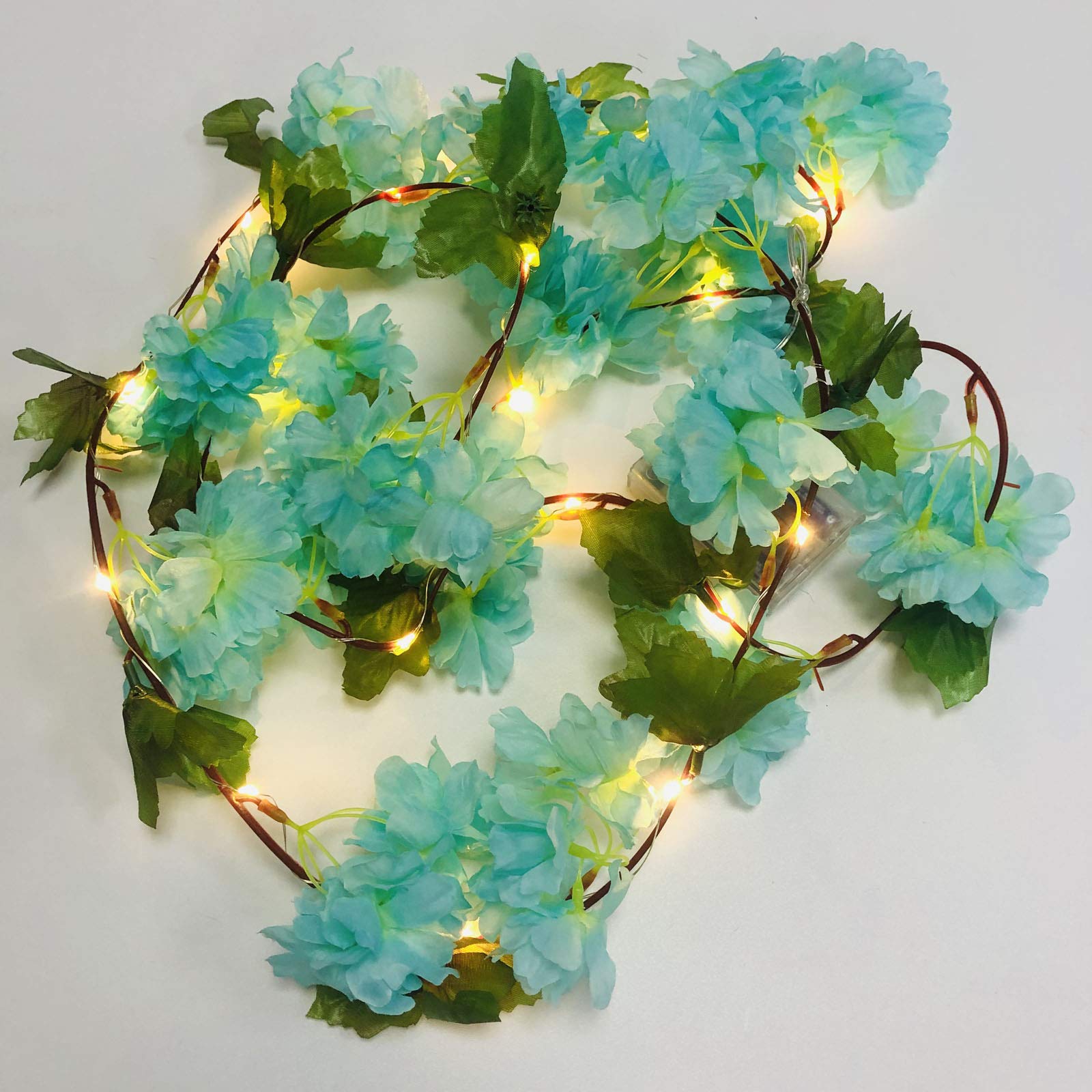 Riaxuebiy Fake Hydrangea Garland Light Artificial Flower Plants String Lights Battery Powered 6.6ft 20 LED Hanging Cherry Blossoms Fairy Light for Home Office Party Wedding Banquet Festival (Blue, 2) — image 1
