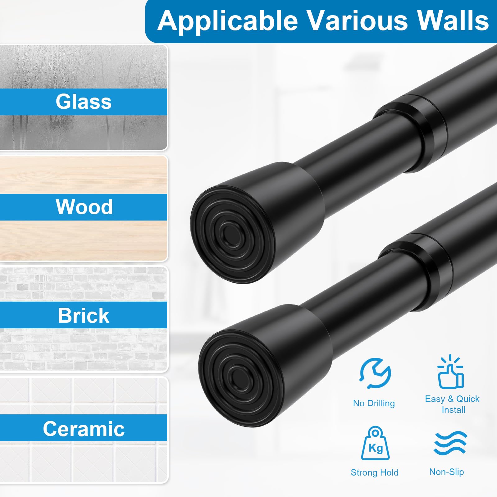Tension Rods for Curtains 80-150cm 2Pack Balck Net Curtain Rods Shower Curtain Pole Spring Loaded Curtain Rod Extendable Curtain Rod for Window Bathroom Closet - Image 3